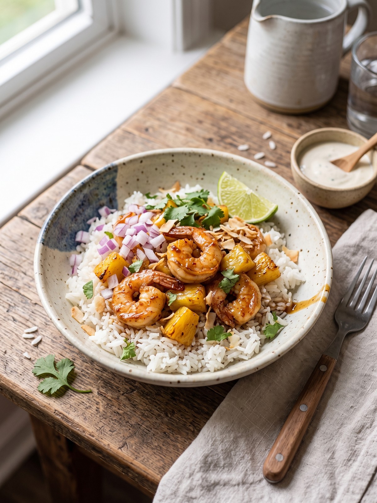Four assembled bowls on a light wood table, each with rice, shrimp, pineapple salsa, avocado, and lime crema, garnished with extra cilantro and lime wedges.