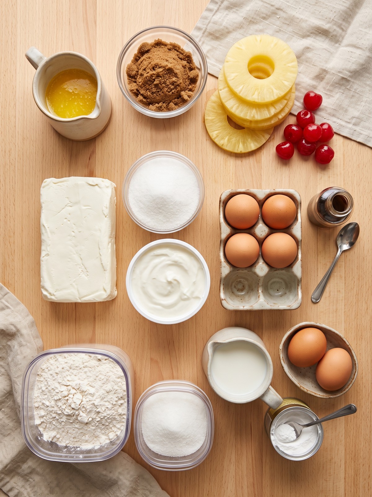 Pineapple Upside-Down Cheesecake ingredients on a kitchen counter with pineapple rings, cream cheese, and eggs.