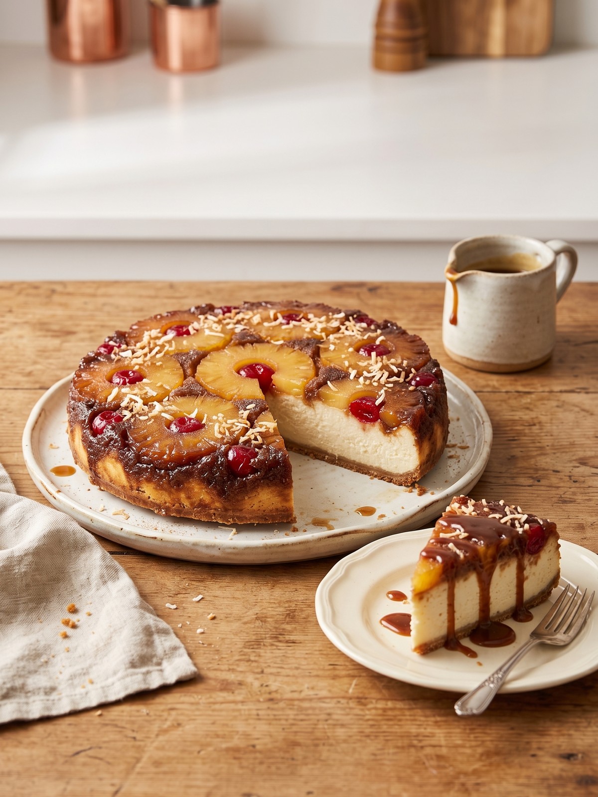 Variation of Pineapple Upside-Down Cheesecake with toasted coconut flakes and a drizzle of caramel sauce on top.