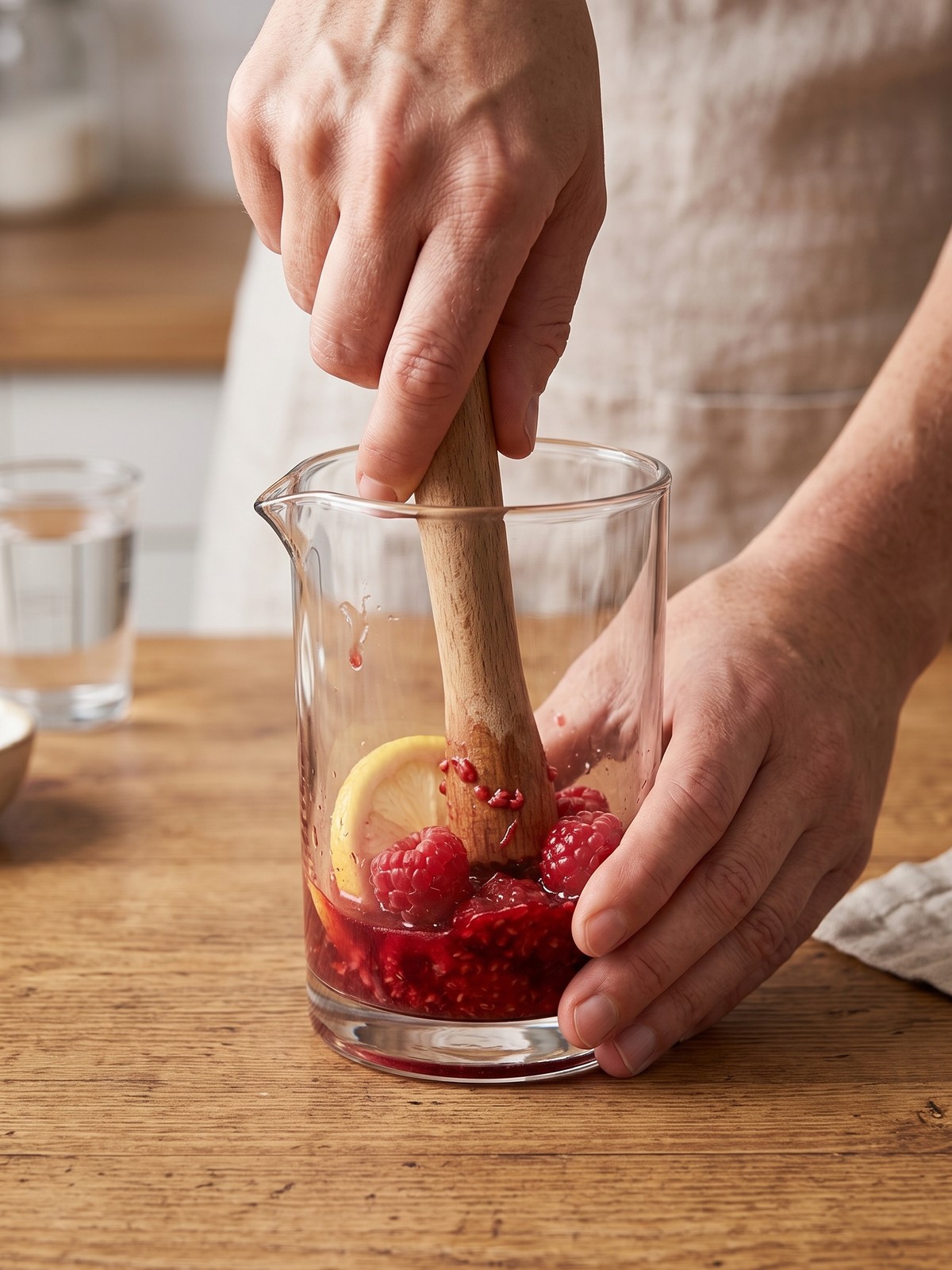 Pouring a freshly shaken Raspberry Lemon Drop Martini through a strainer into a sugared glass
