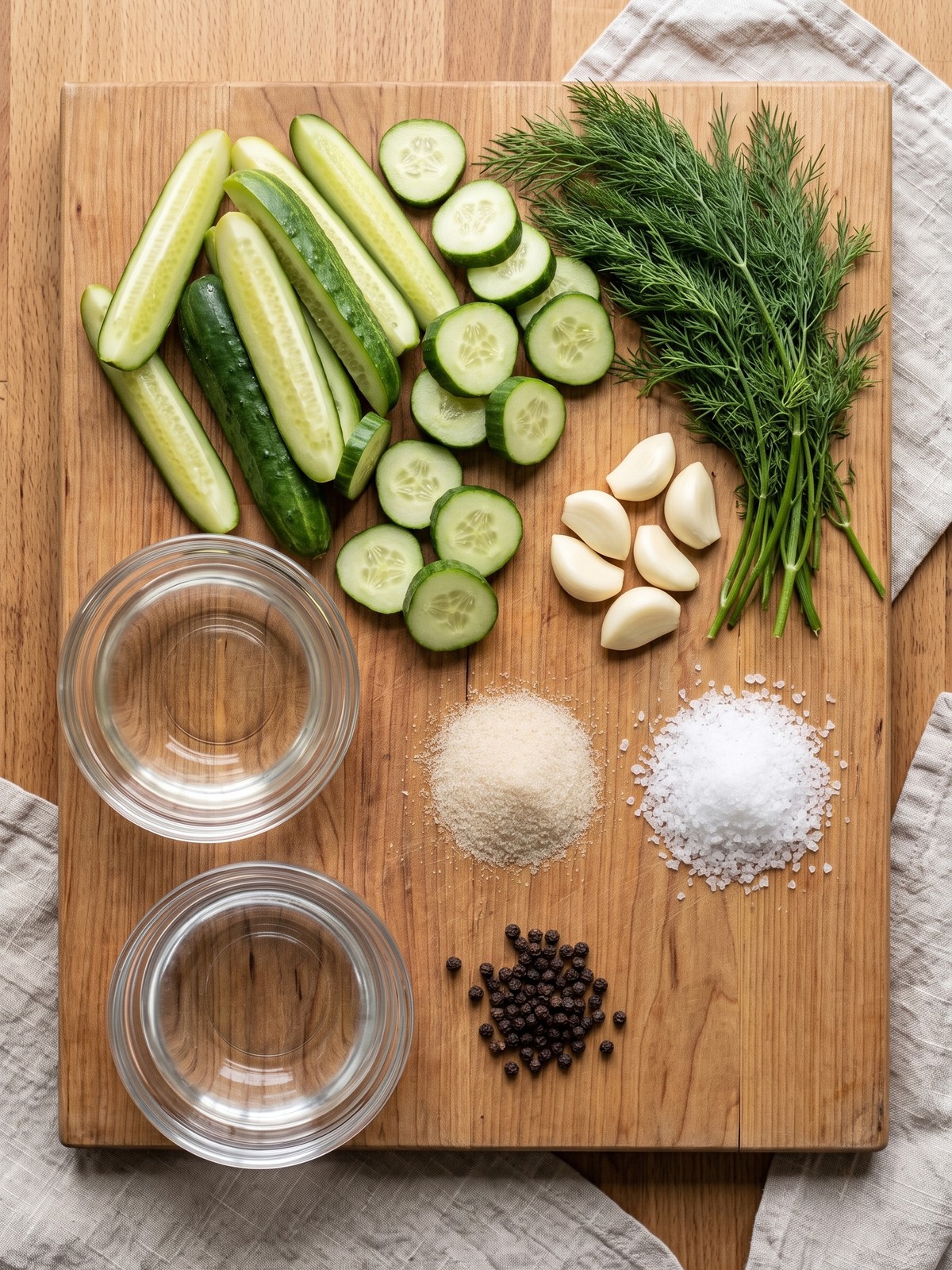 Jars of homemade refrigerator dill pickles with fresh cucumbers, garlic, and dill on a rustic wooden surface.