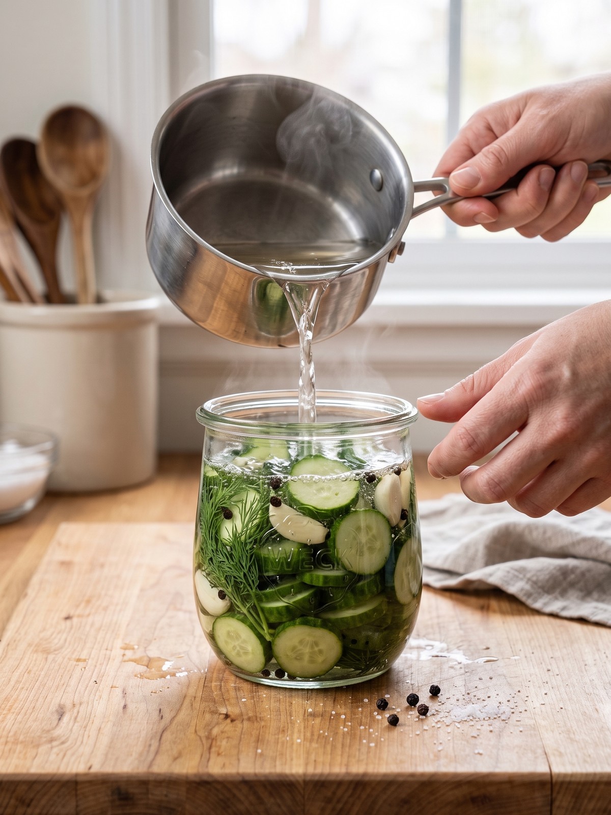 Close-up of crisp refrigerator dill pickle spears and rounds in a jar with garlic and dill.