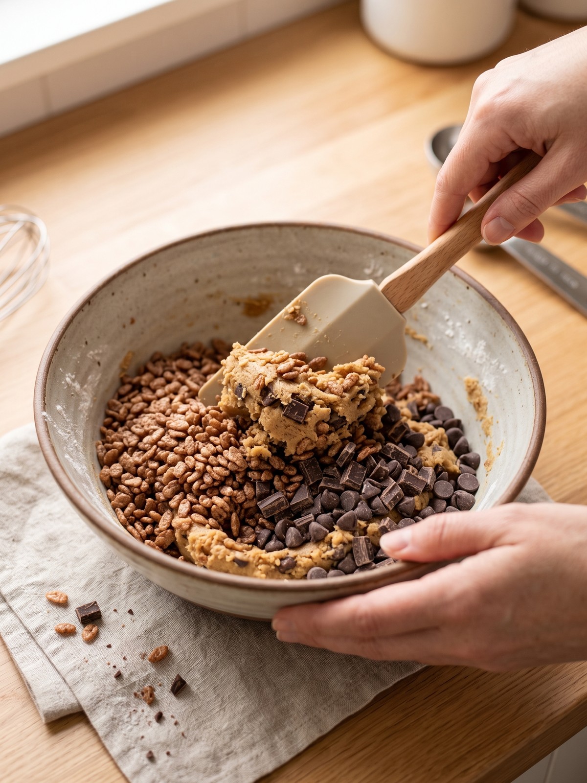 Close-up of a hand holding a freshly baked Rice Krispie Chocolate Chip Cookie with visible puffed rice and melted chocolate.