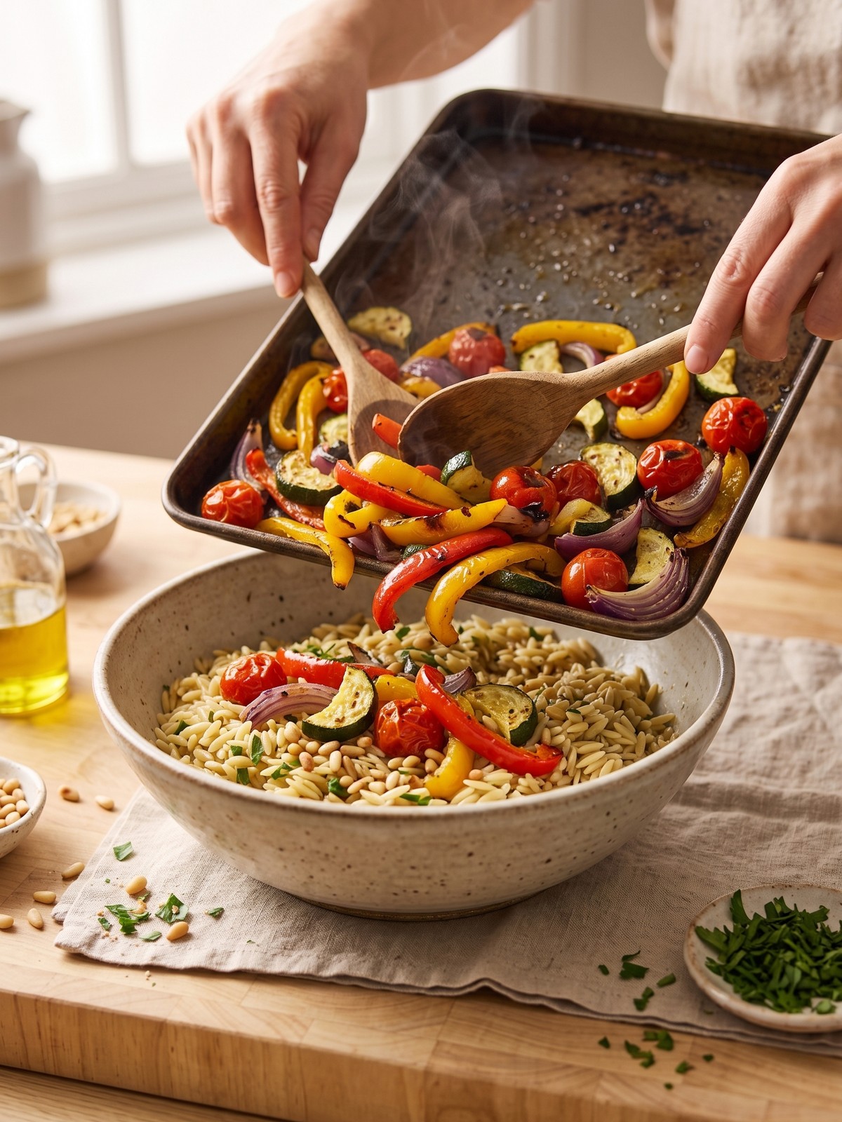 Step-by-step process of making roasted vegetable orzo salad with roasted vegetables on a baking sheet and orzo in a bowl.