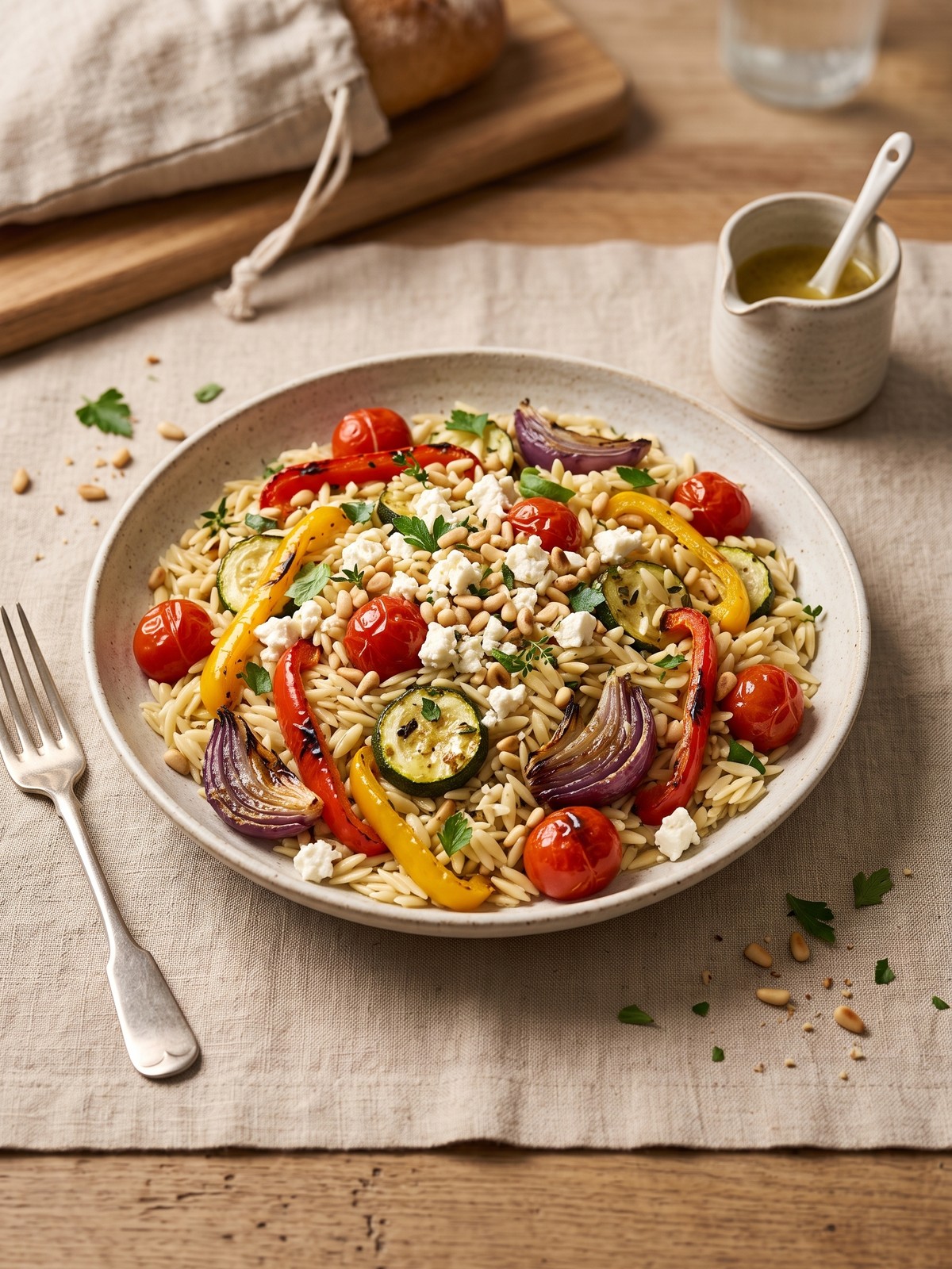 Variation of roasted vegetable orzo salad with chickpeas and crumbled goat cheese in a serving bowl.