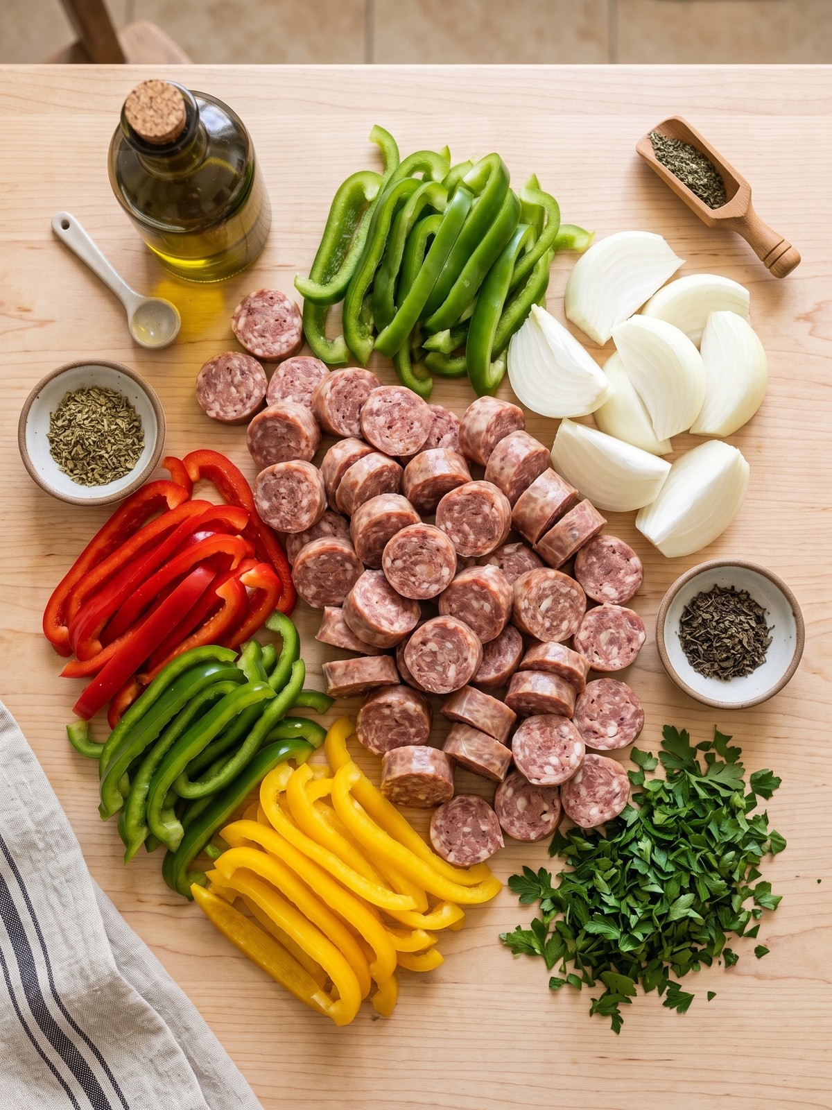 Italian sausage, sliced bell peppers, onion wedges, herbs, and parsley arranged for Sausage and Peppers Skillet