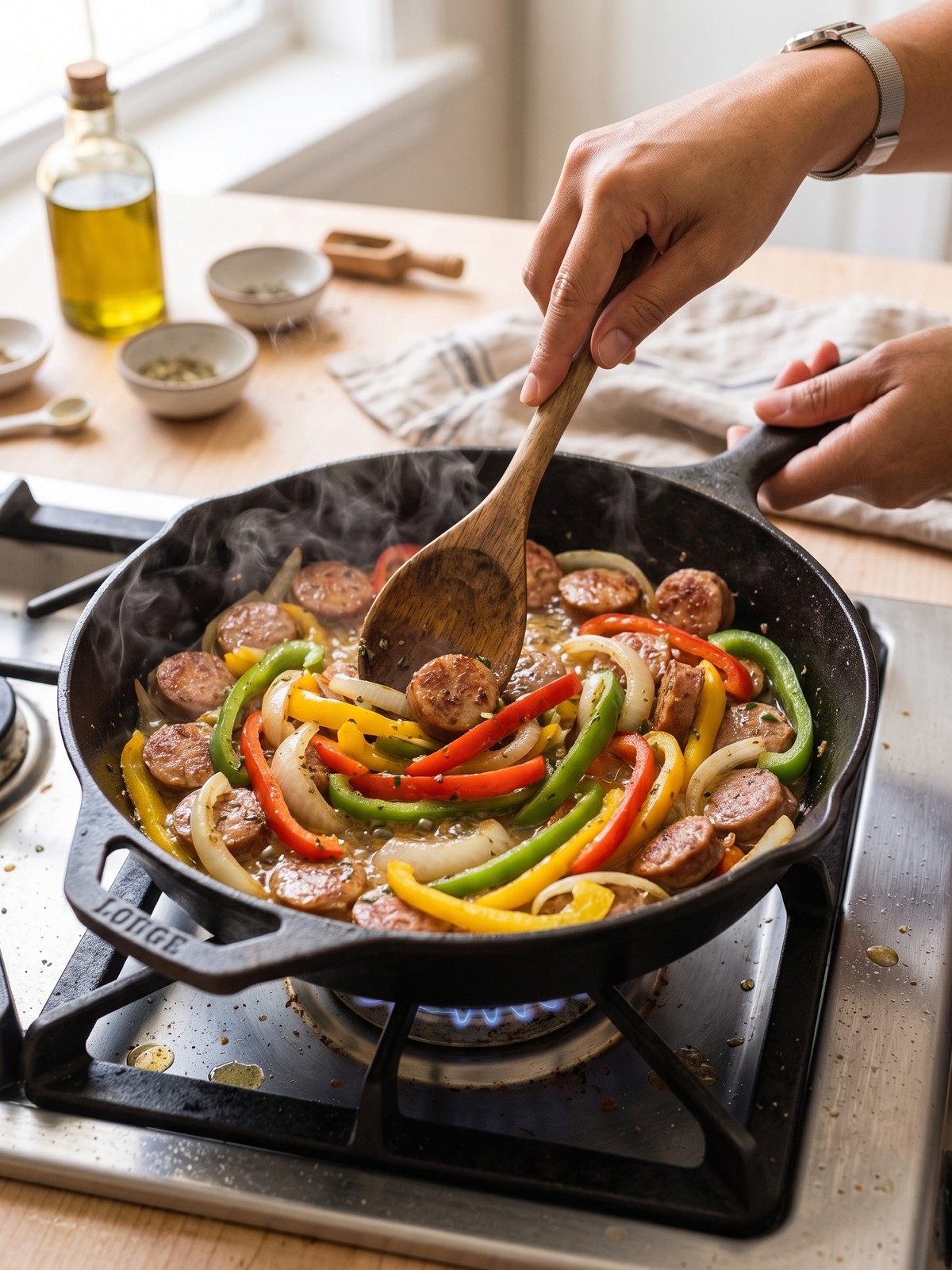 Italian sausage rounds browning with colorful peppers and onion in a large skillet