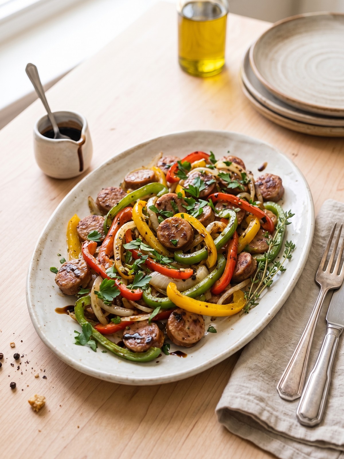 Sausage and Peppers Skillet served with parsley and suggested bread, rice, and pasta pairings