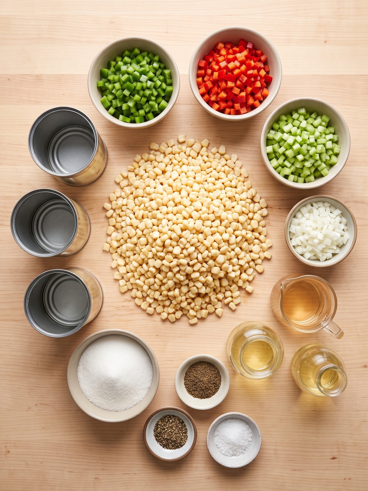 Shoepeg Corn Salad ingredients with white corn, diced peppers, celery, onion, and dressing