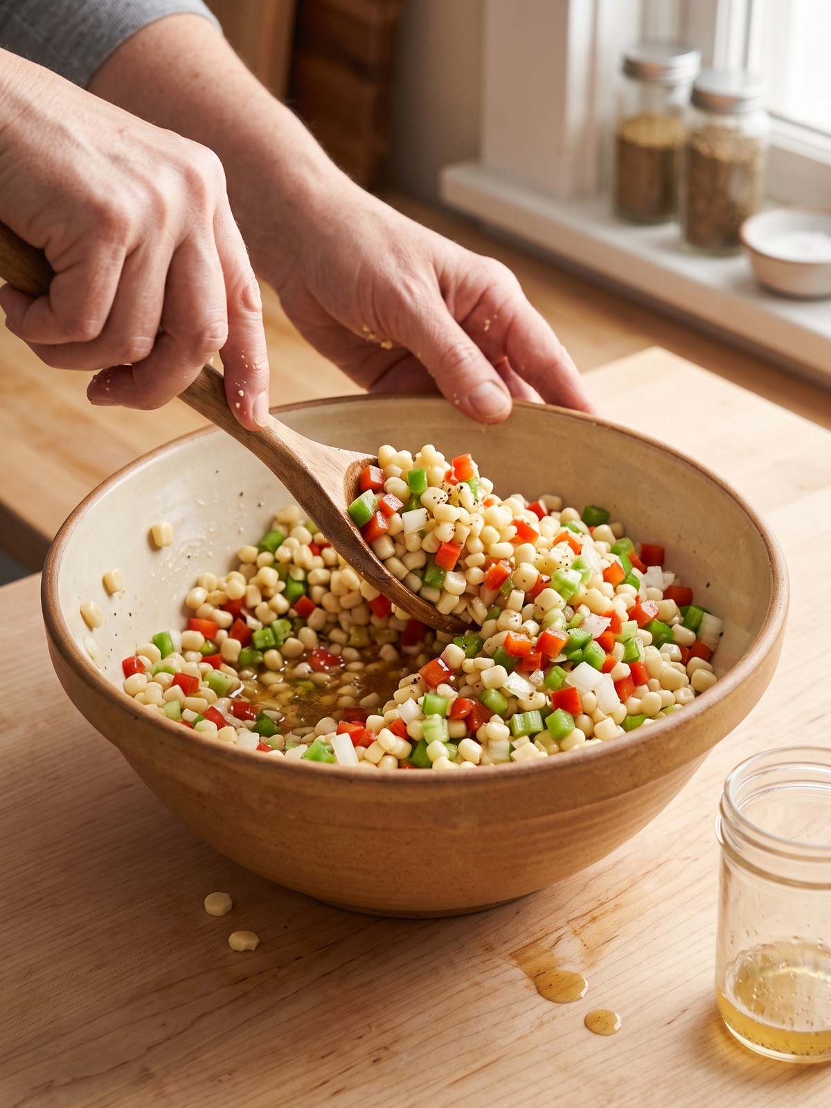 How to make Shoepeg Corn Salad by tossing corn and diced vegetables with warm vinegar dressing