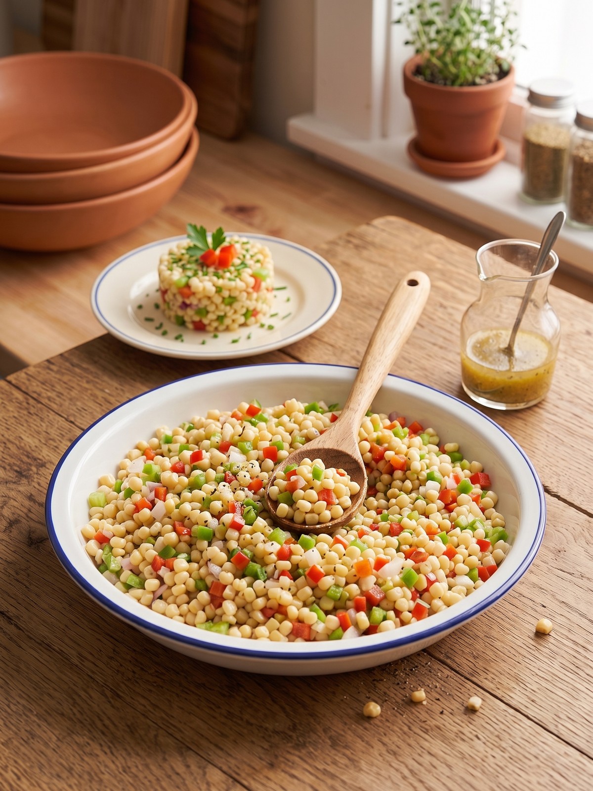 Serving and variation ideas for Shoepeg Corn Salad in a chilled bowl with colorful vegetables