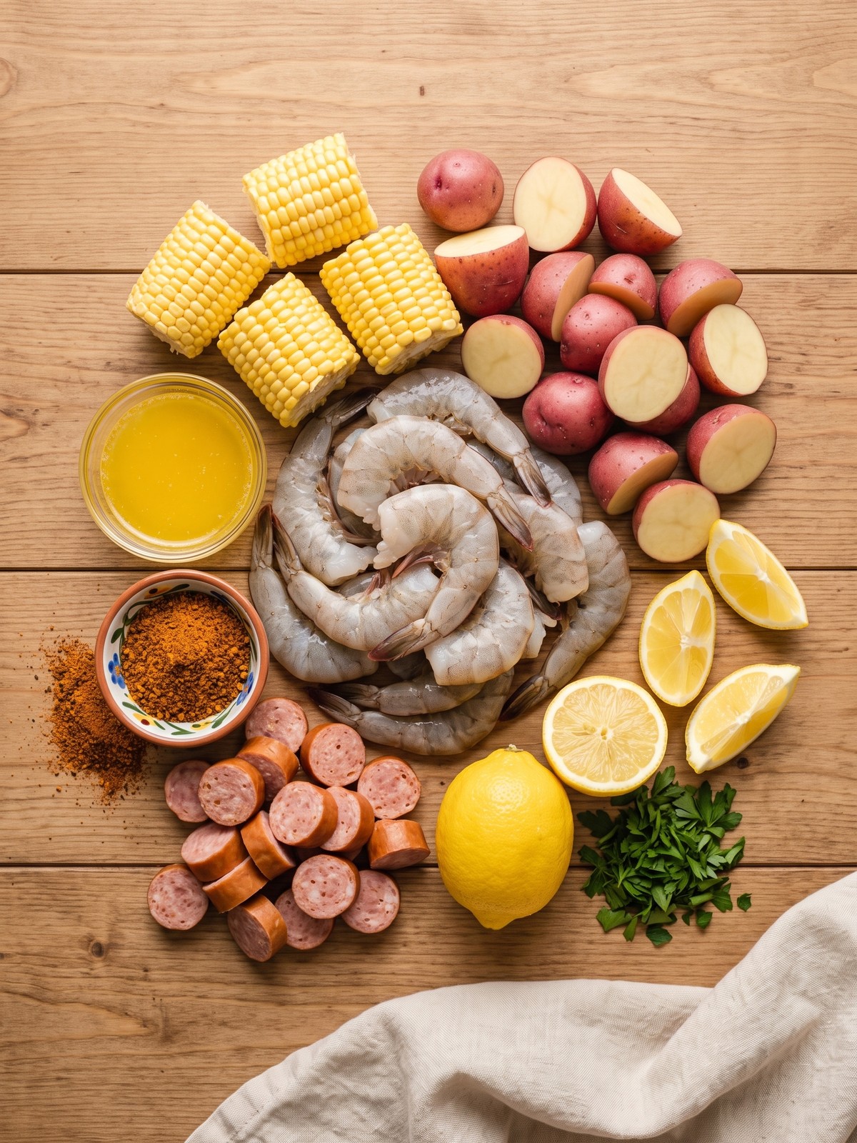 A large platter of shrimp boil with shrimp, sausage, potatoes, and corn, garnished with parsley and lemon wedges.