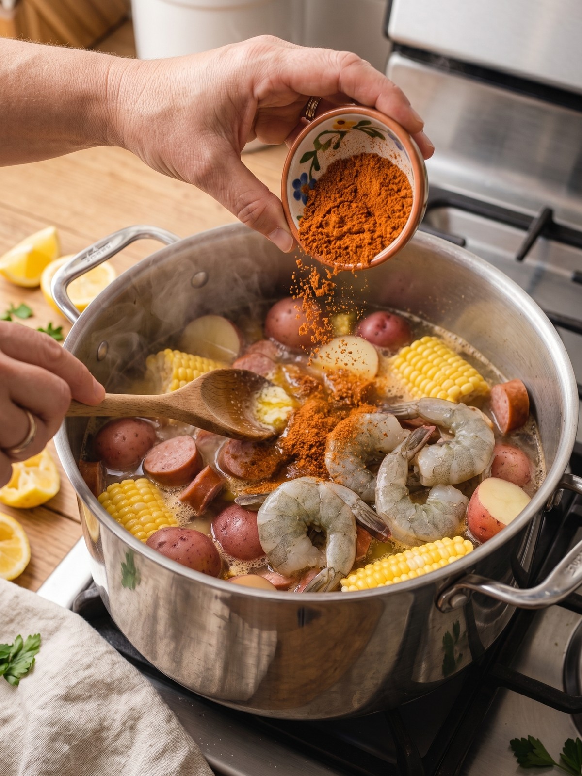 Step-by-step process of making a shrimp boil, showing the pot with boiling ingredients and the final butter toss.