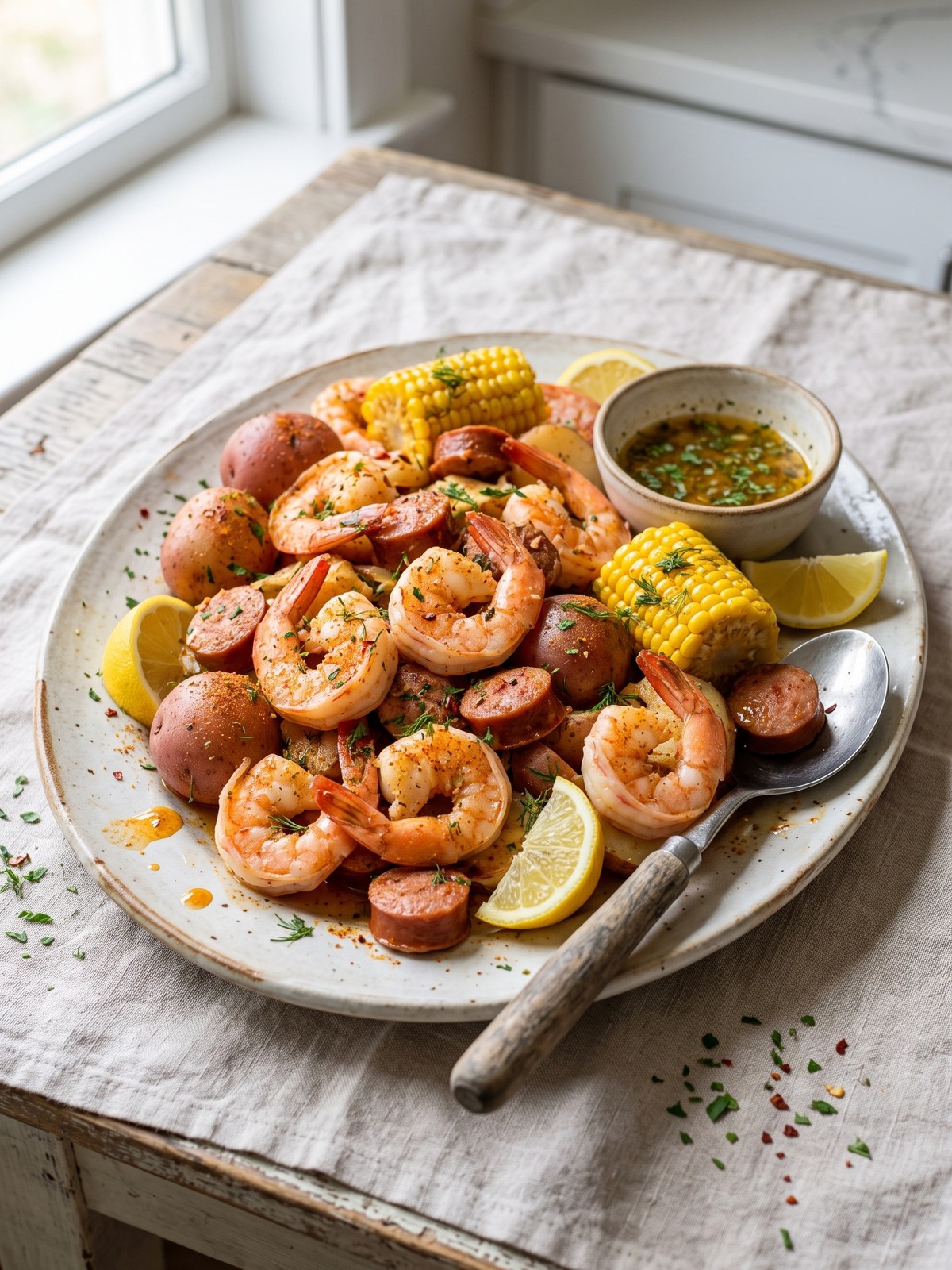 Variation of shrimp boil with added crab legs and garlic butter sauce, served on a rustic table.