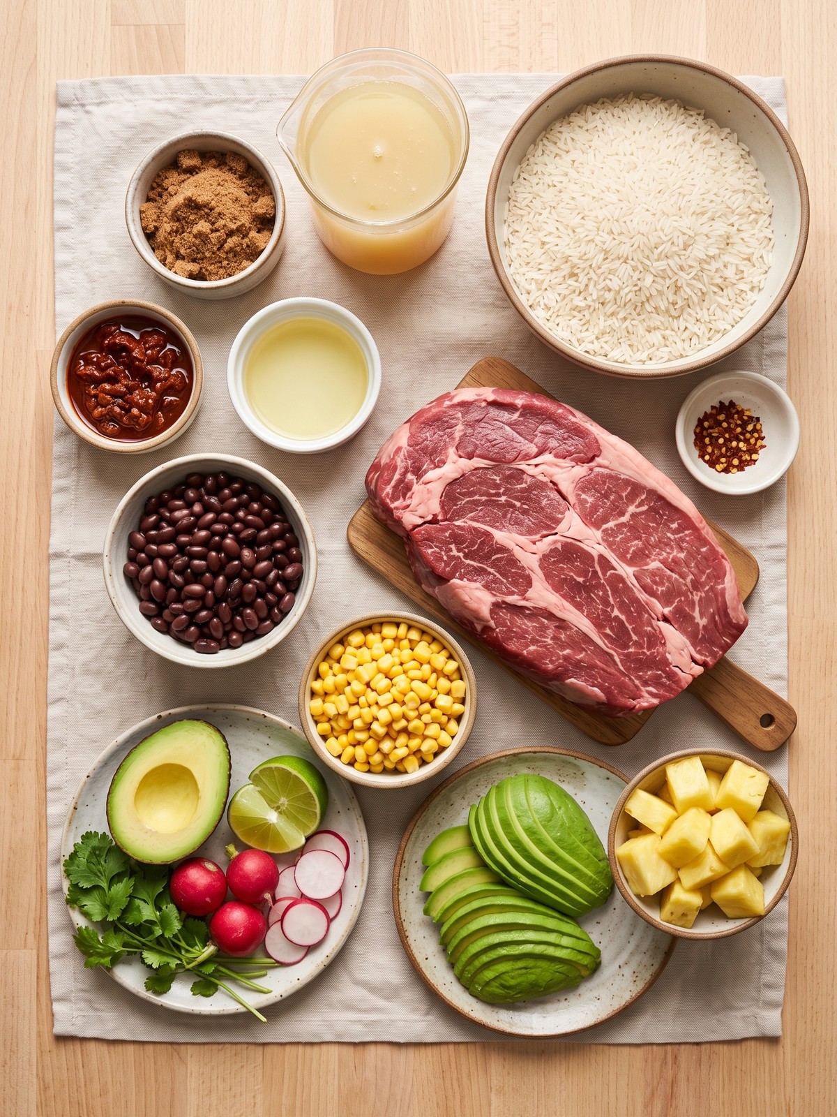 Slow Cooker Pot Roast Bowls ingredients arranged with chuck roast, rice, beans, corn, pineapple, avocado, radishes, cilantro, and lime