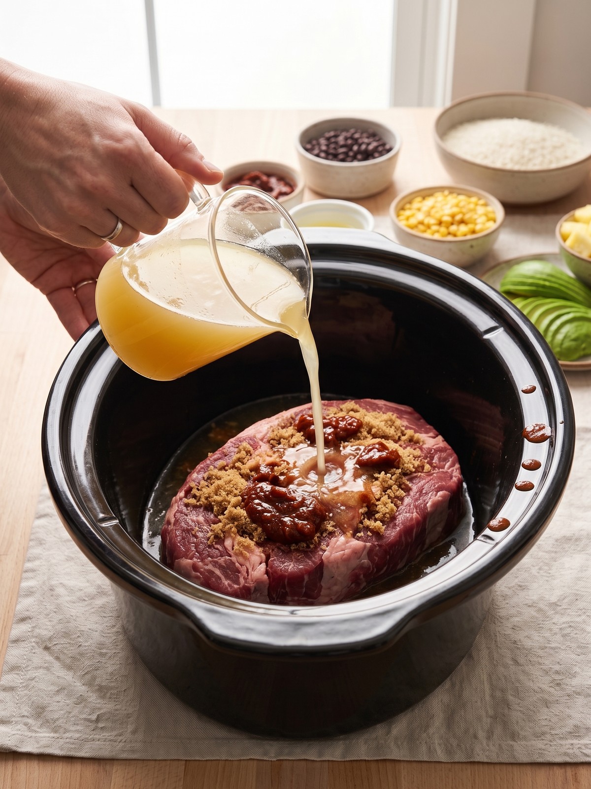 Slow Cooker Pot Roast Bowls being assembled with jasmine rice, shredded chipotle beef, beans, corn, and fresh toppings