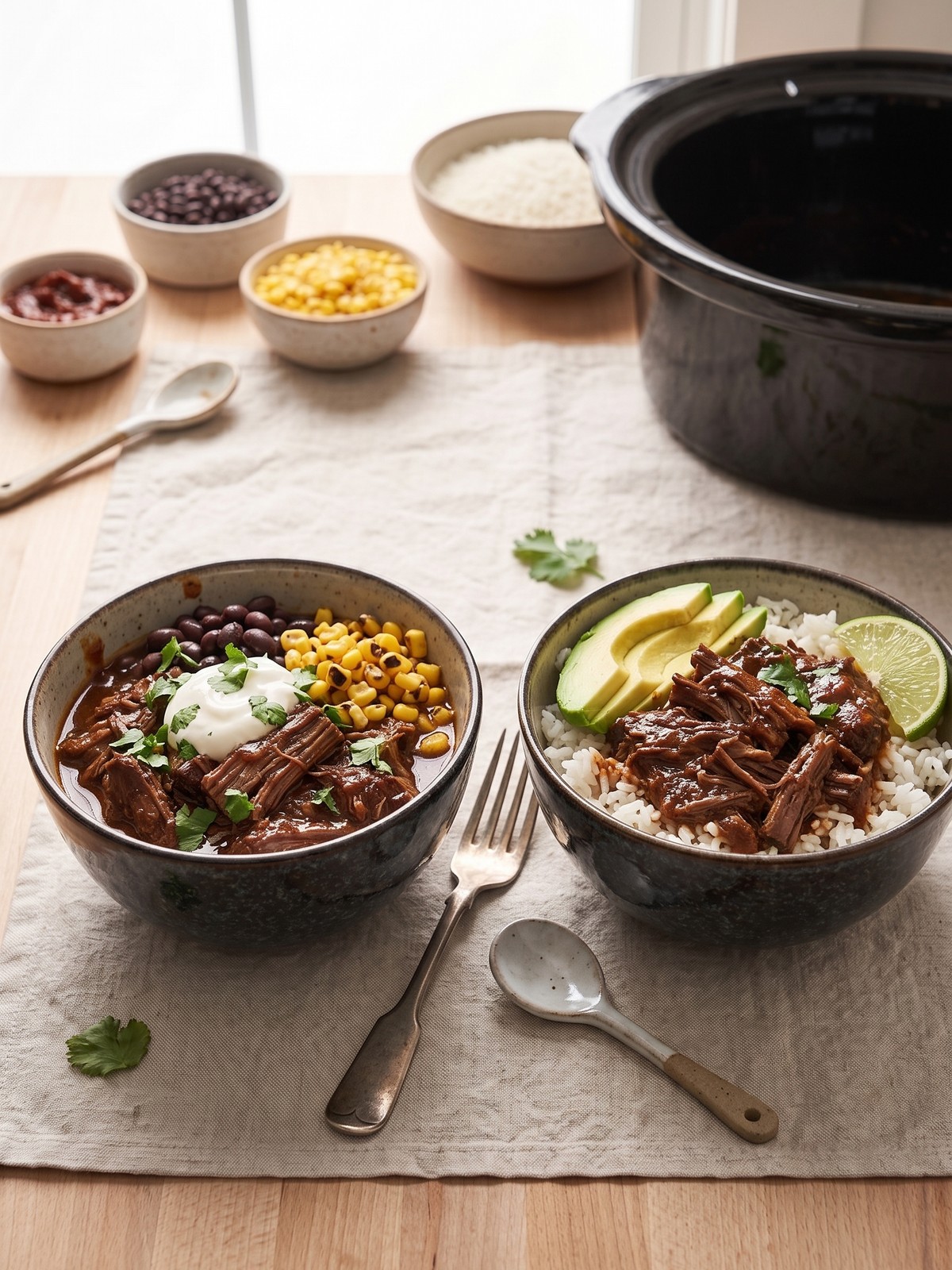 Serving variations for Slow Cooker Pot Roast Bowls with rice, beans, avocado, radishes, pineapple, and lime