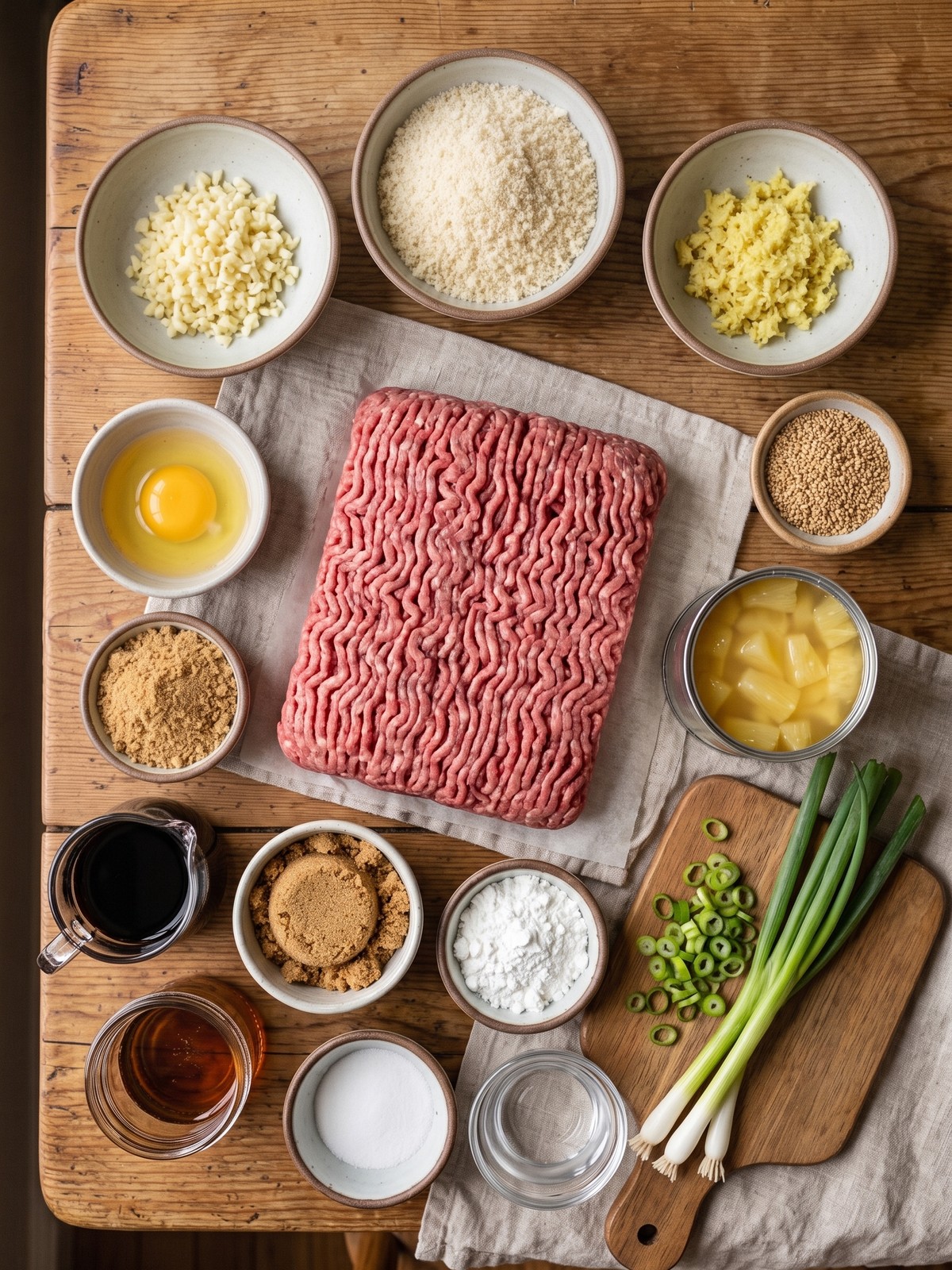 Slow Cooker Teriyaki Meatballs ingredients arranged on a countertop with ground beef, panko, soy sauce, pineapple, and scallions.