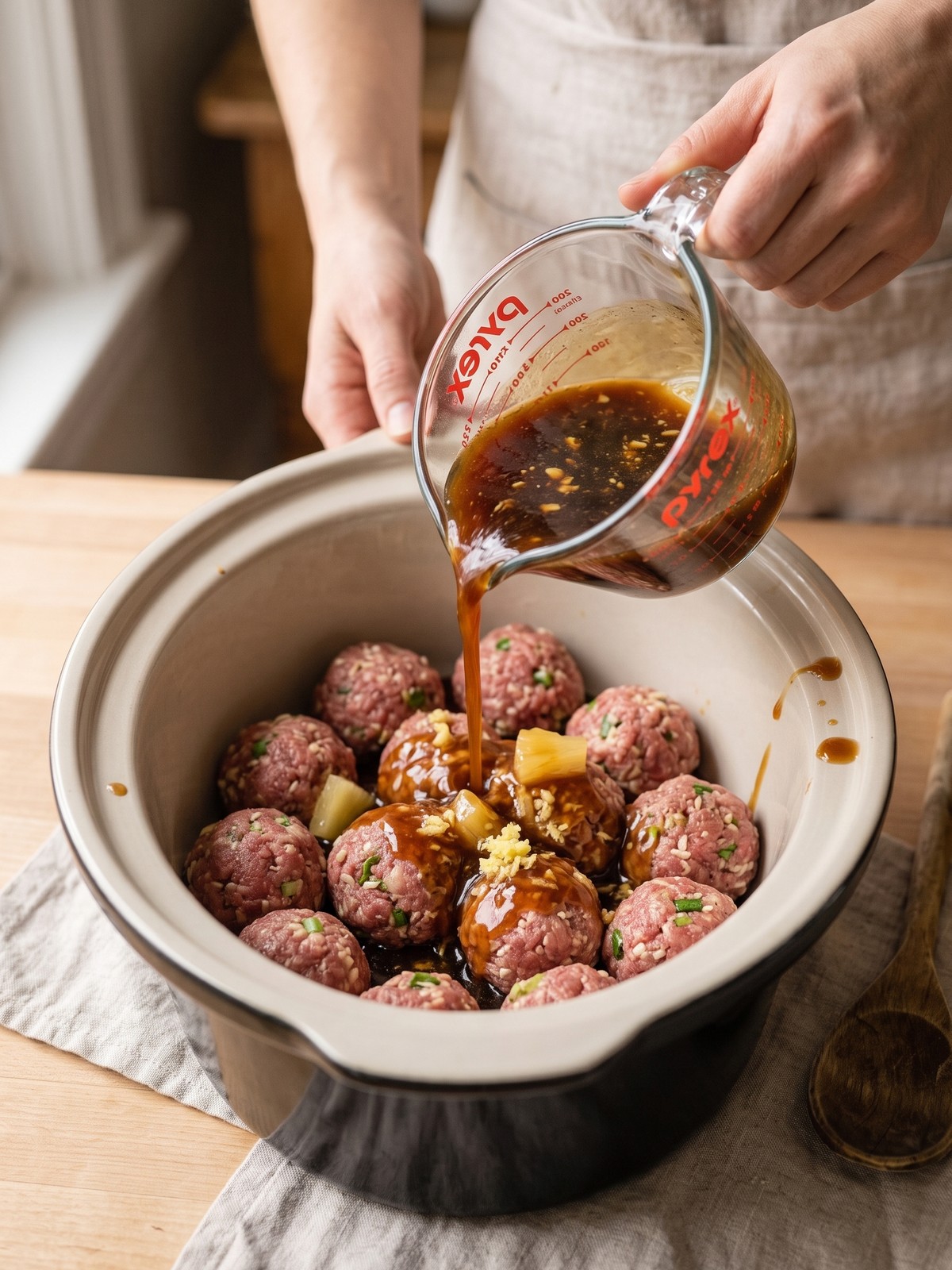 Slow Cooker Teriyaki Meatballs in the crock pot with glossy pineapple teriyaki glaze and a serving spoon.