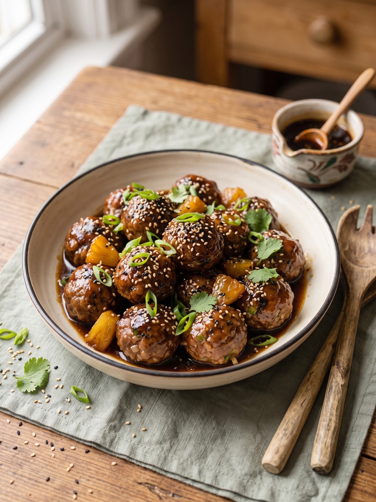 A serving bowl of Slow Cooker Teriyaki Meatballs garnished with sesame seeds and scallions, with steamed rice on the side.