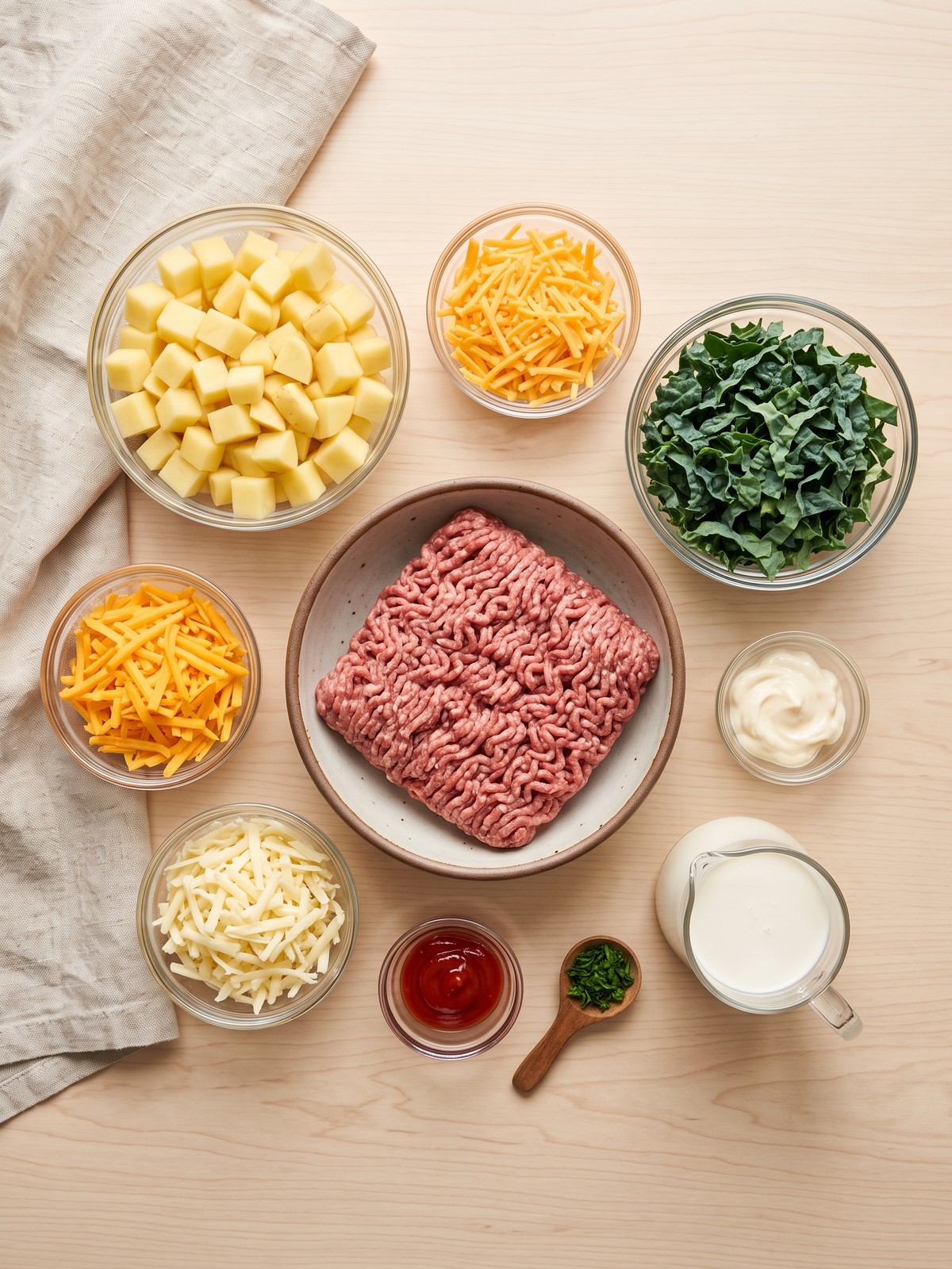 Overhead shot of a Smash Burger Bowl with crispy potatoes, seasoned beef, and shredded kale in a white bowl.