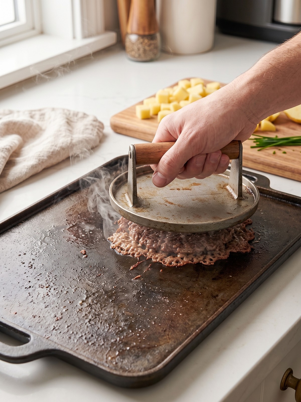 Step-by-step process of making Smash Burger Bowl: roasting potatoes, searing beef, and wilting kale in a skillet.
