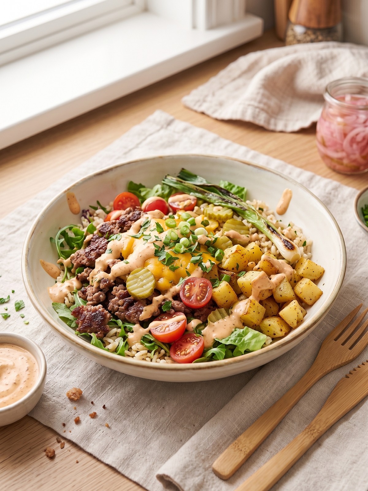 Variation of Smash Burger Bowl with turkey, spinach, and pickles in a colorful bowl.