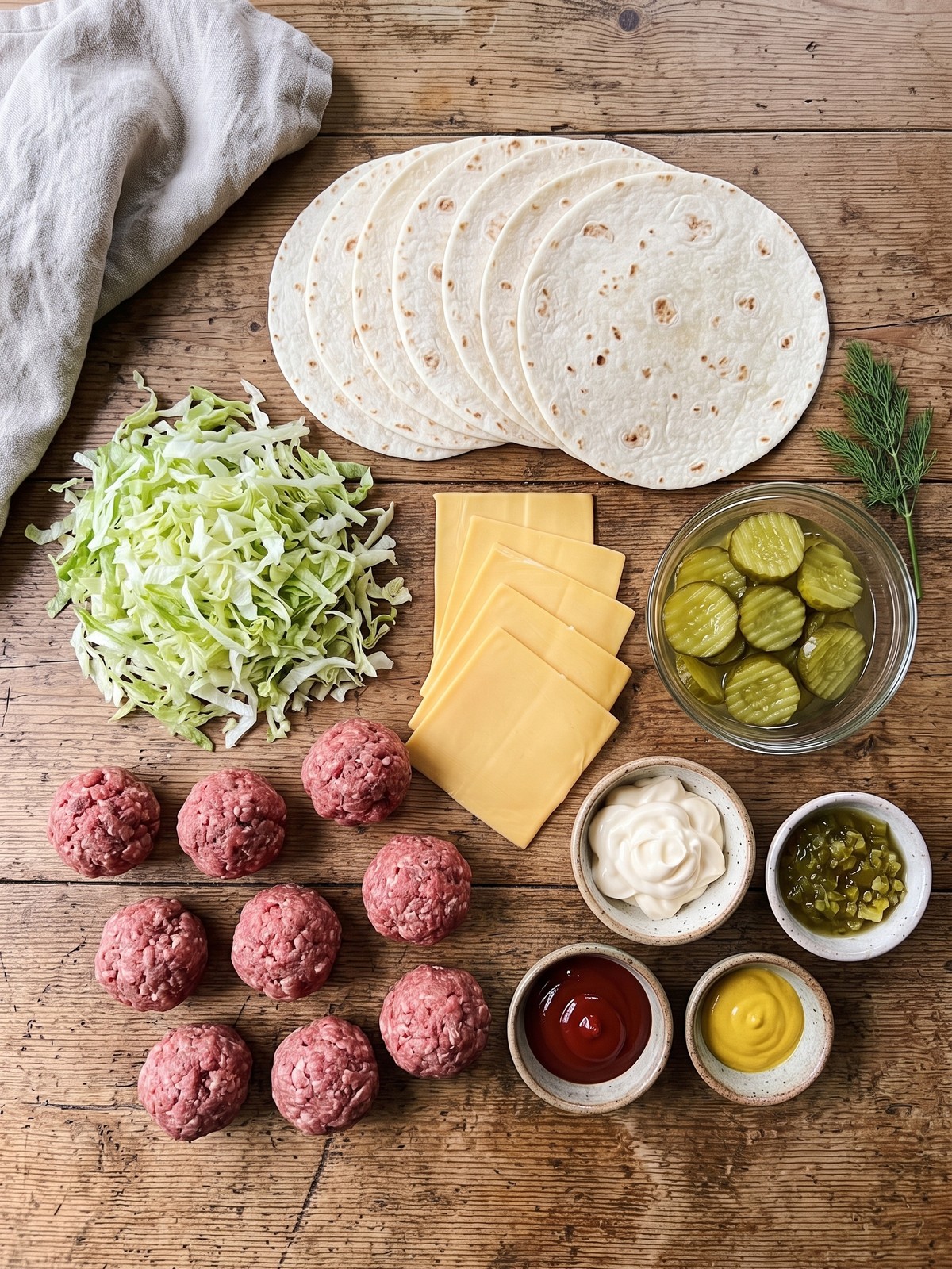Smash Burger Tacos with melted cheese, shredded lettuce, and pickles on a wooden board