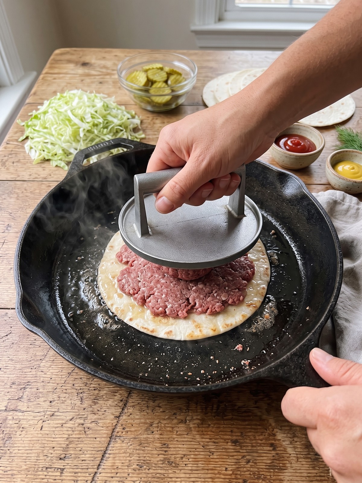 Step-by-step process of smashing beef onto a tortilla in a hot skillet