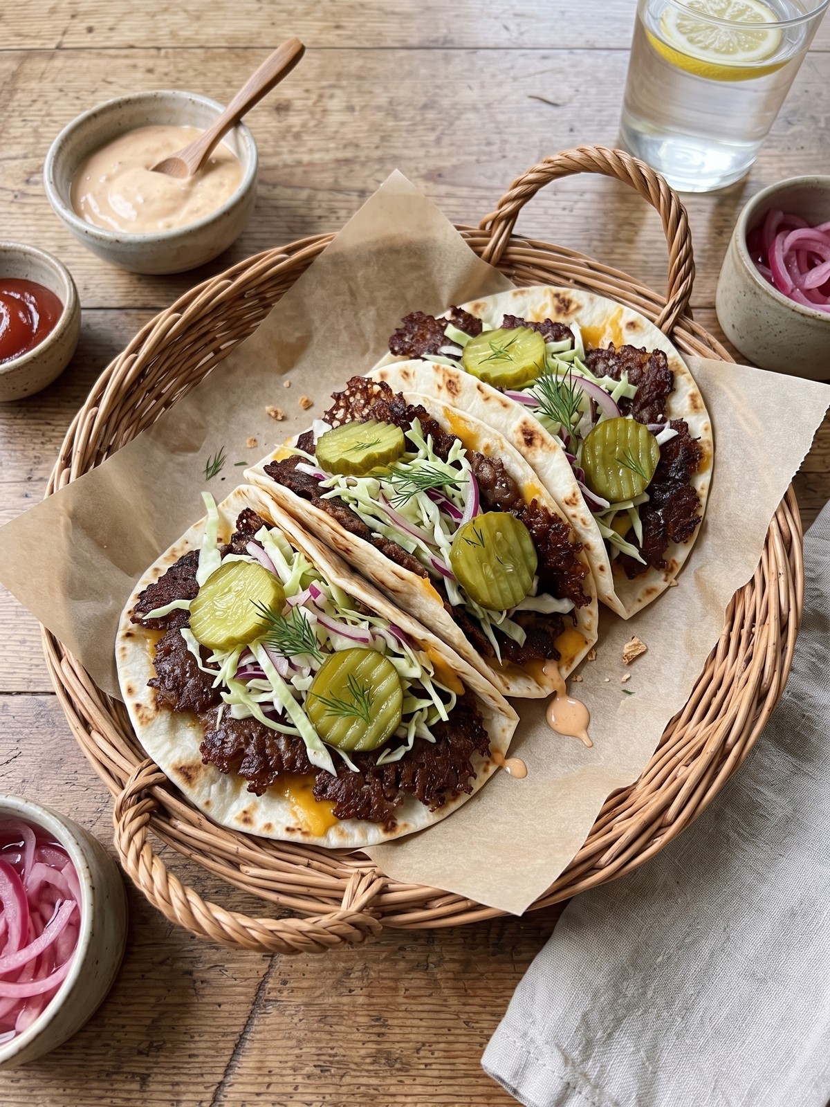 Variation of Smash Burger Tacos with different cheese and toppings on a colorful plate
