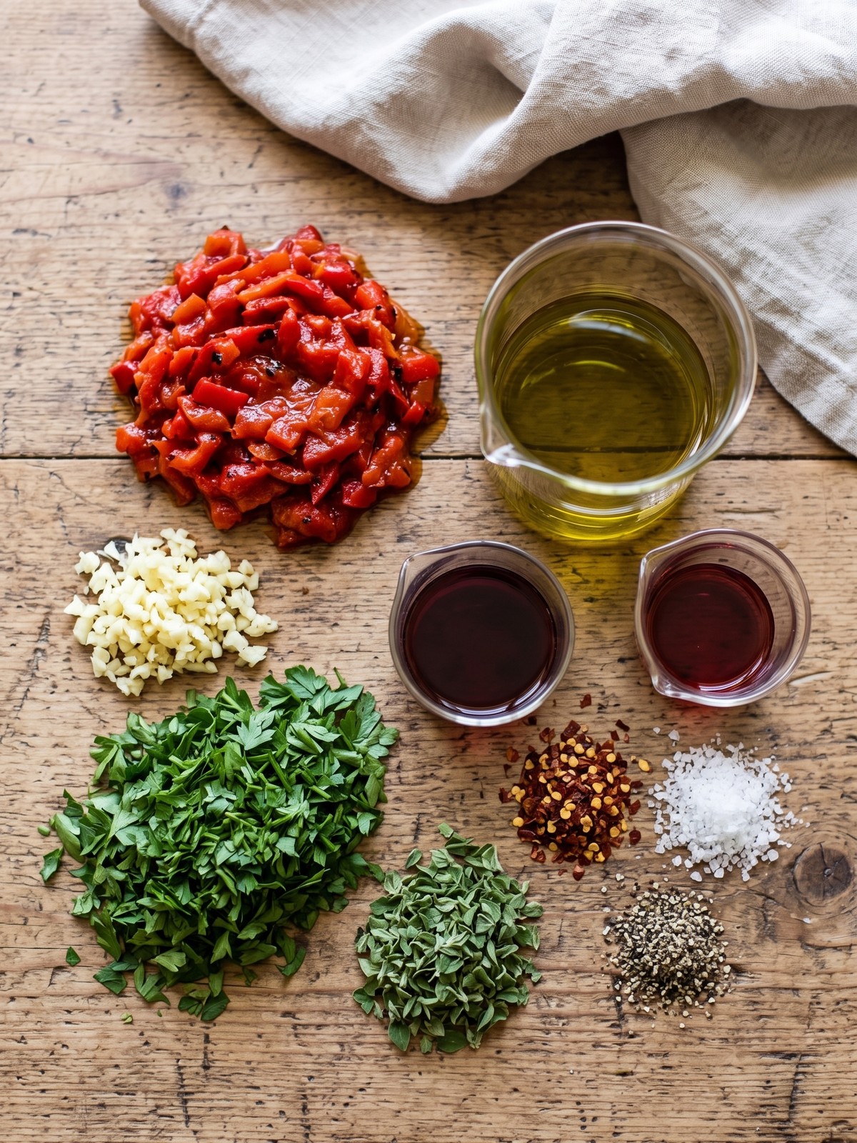 Bowl of smoky red chimichurri sauce with chopped peppers and herbs