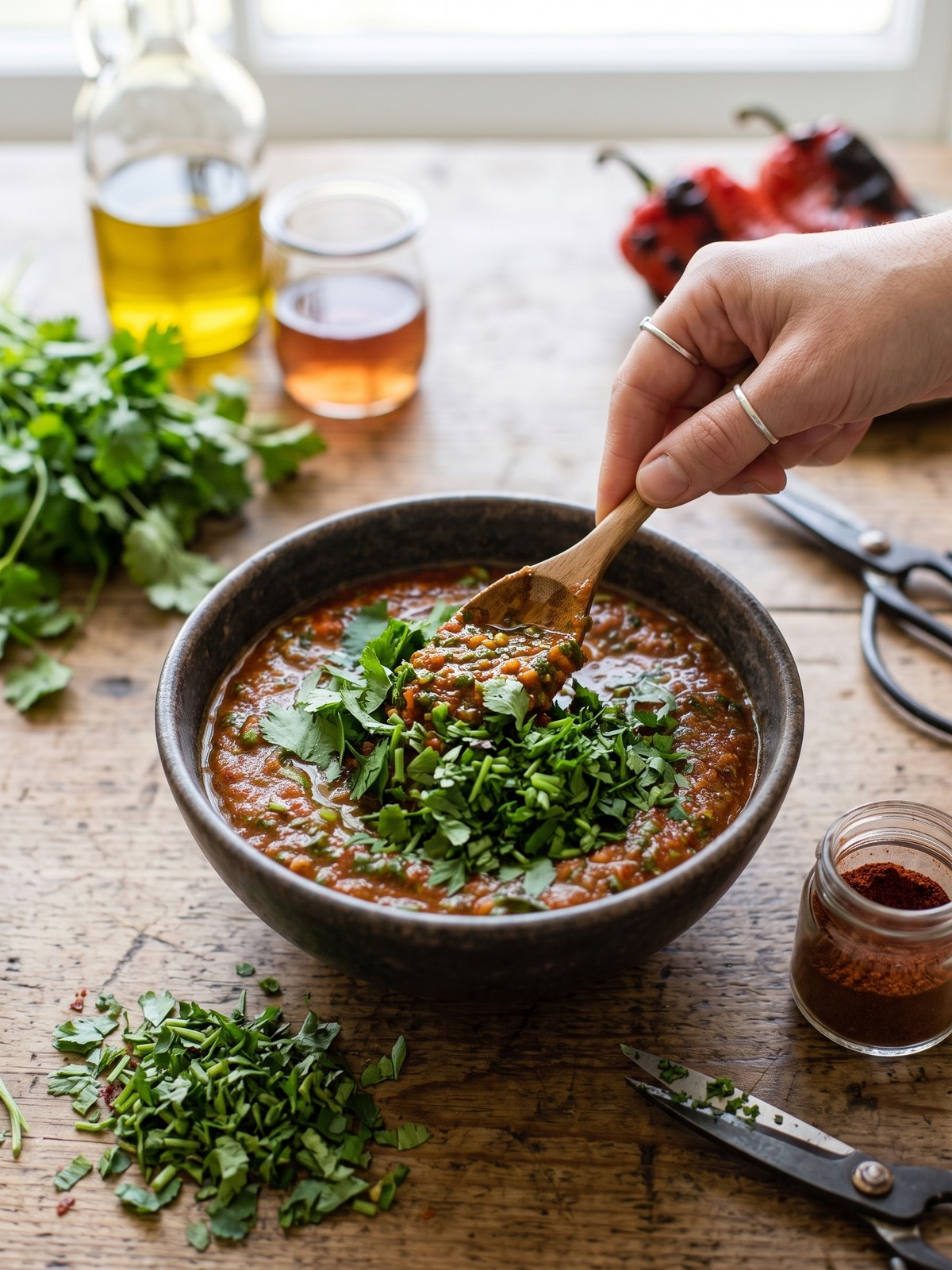 Spooning smoky red chimichurri sauce over grilled steak