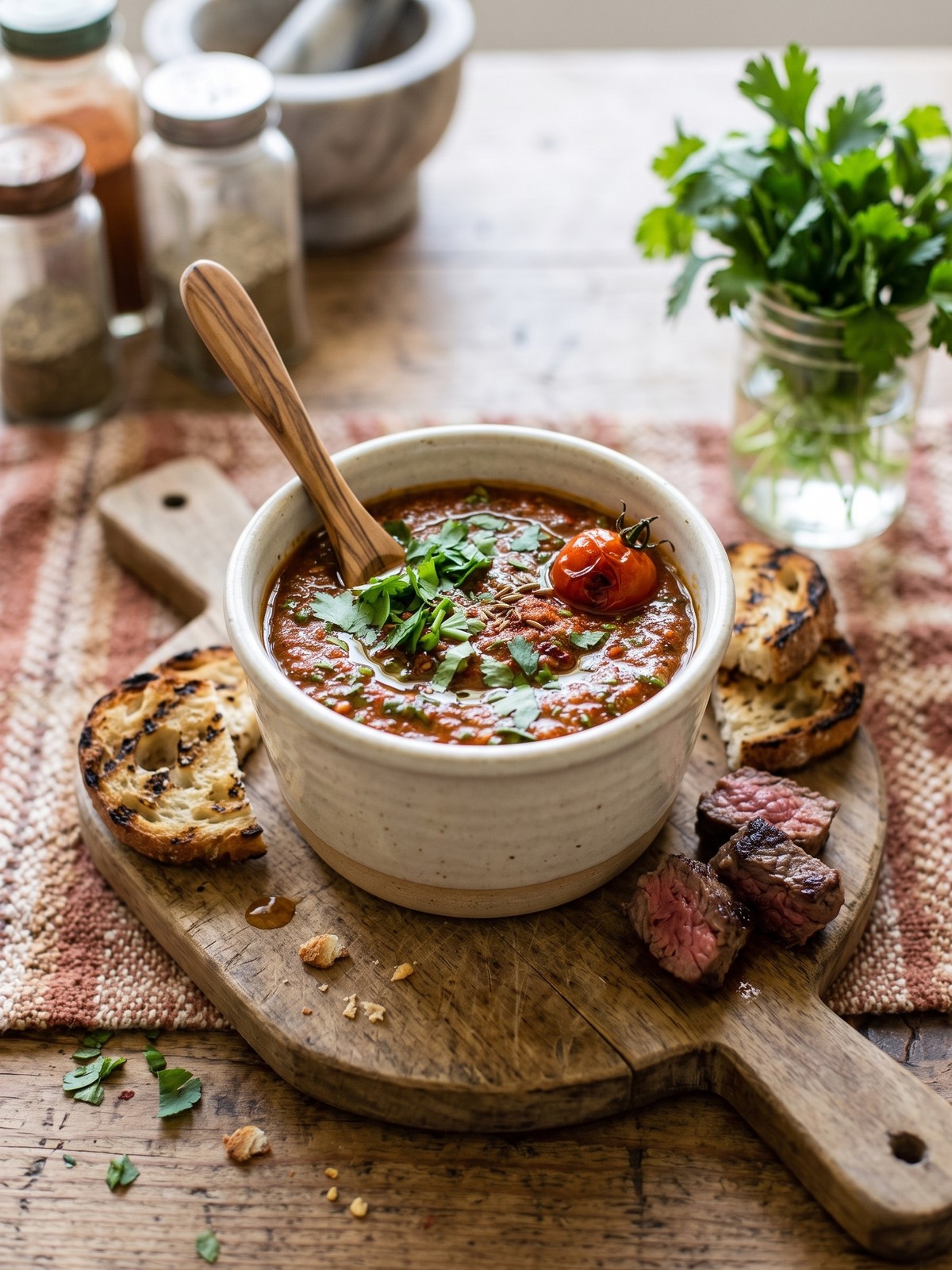 Jar of smoky red chimichurri sauce with fresh herbs on the side