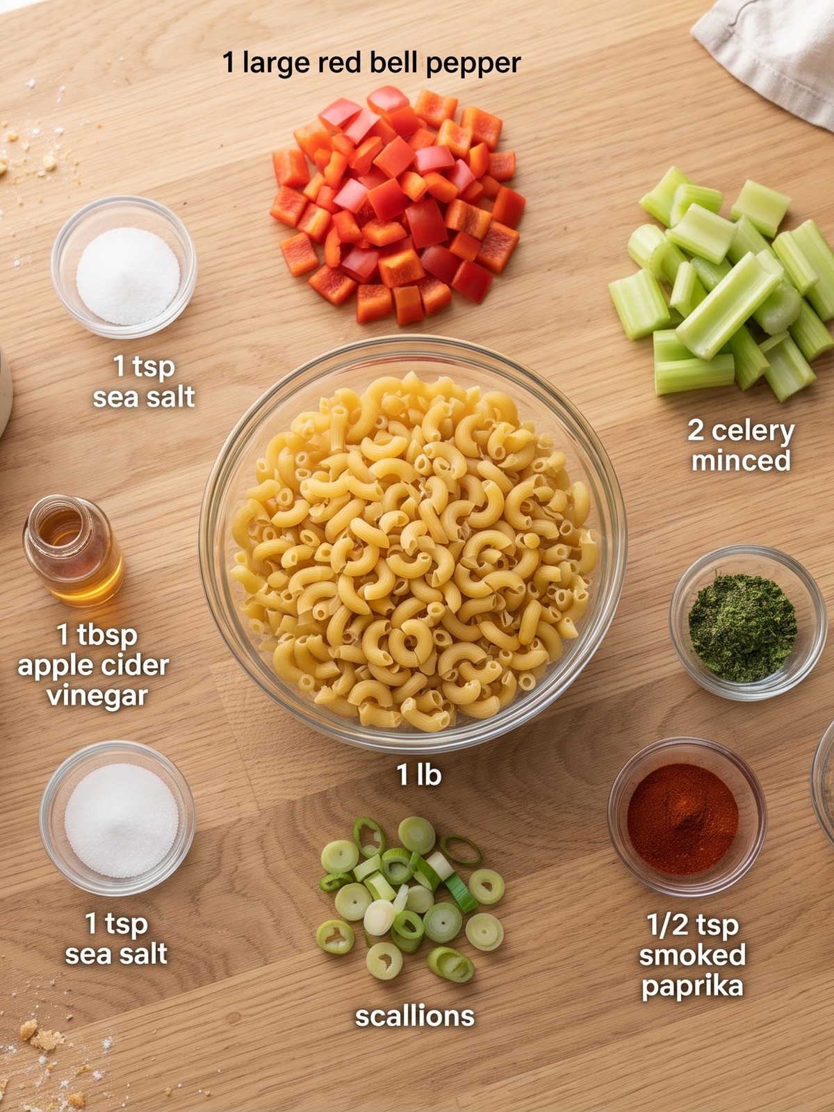 Overhead view of a large white bowl filled with creamy sour cream pasta salad, topped with fresh parsley and a dusting of smoked paprika, with a wooden spoon resting on the side.