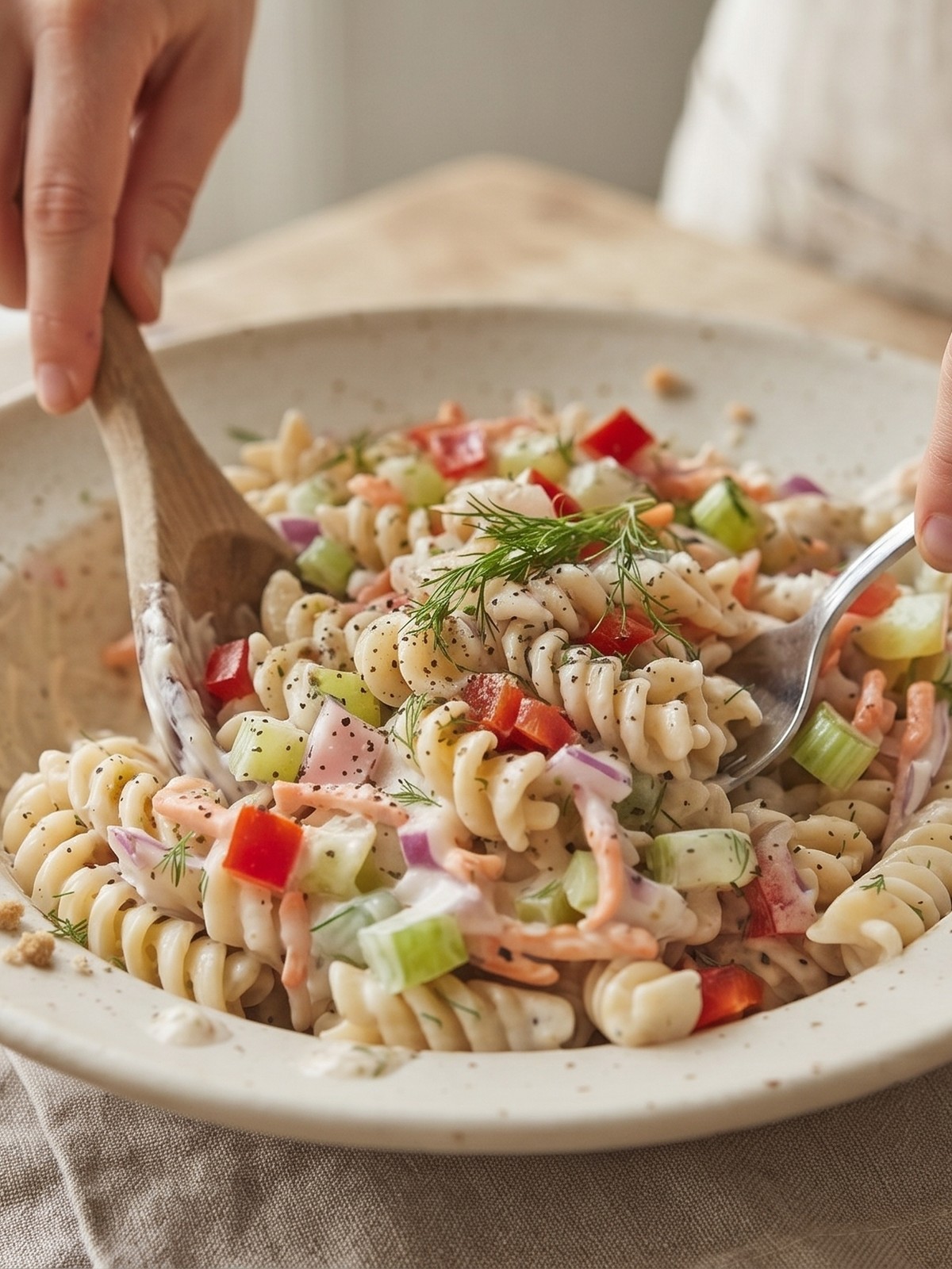 Close-up of a wooden spoon scooping creamy sour cream pasta salad with visible pieces of red bell pepper, celery, and scallions, against a light background.