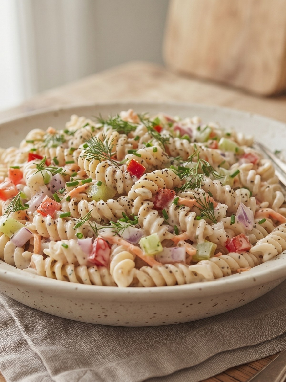 Serving bowl of sour cream pasta salad garnished with fresh parsley and smoked paprika, surrounded by ingredients like bell peppers, celery, and scallions on a wooden table.