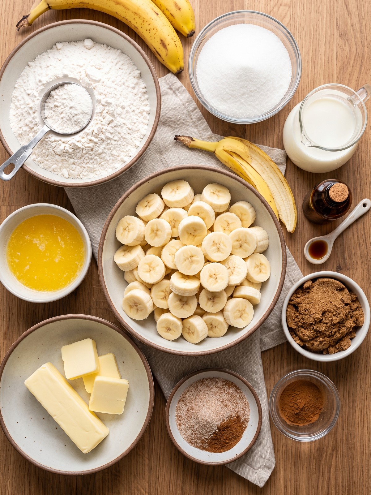 Southern Banana Cobbler ingredients with sliced ripe bananas, brown sugar, cinnamon, and vanilla batter