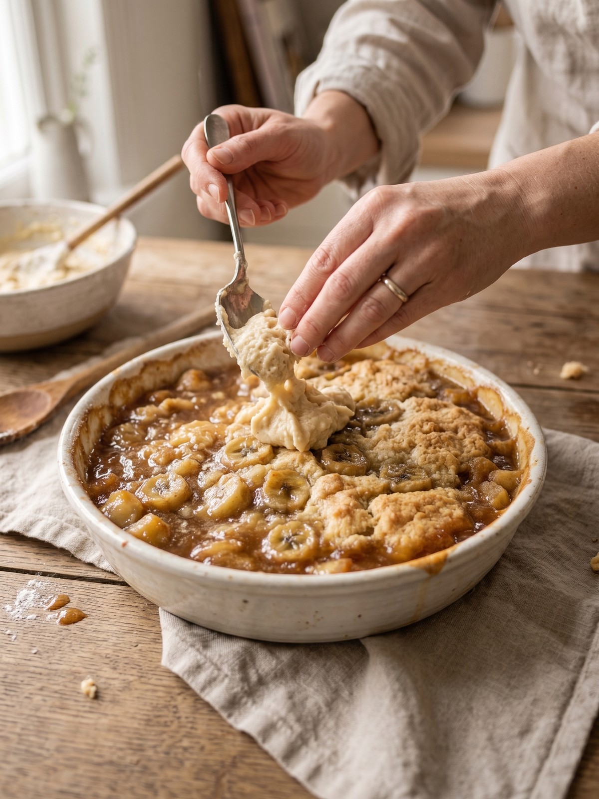 How to make Southern Banana Cobbler with banana glaze spooned over vanilla cobbler batter