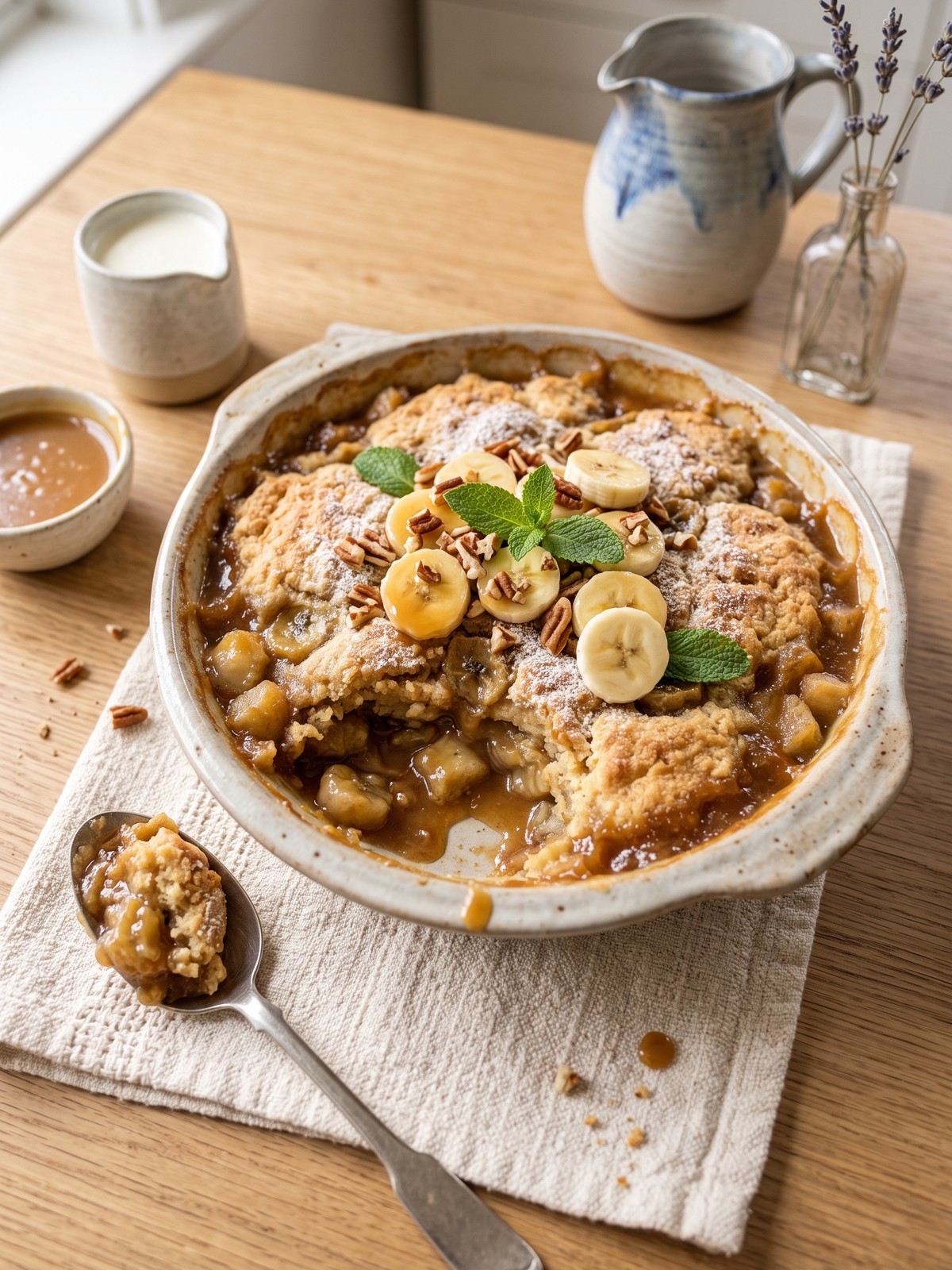Warm Southern Banana Cobbler served with cinnamon sugar topping and vanilla ice cream