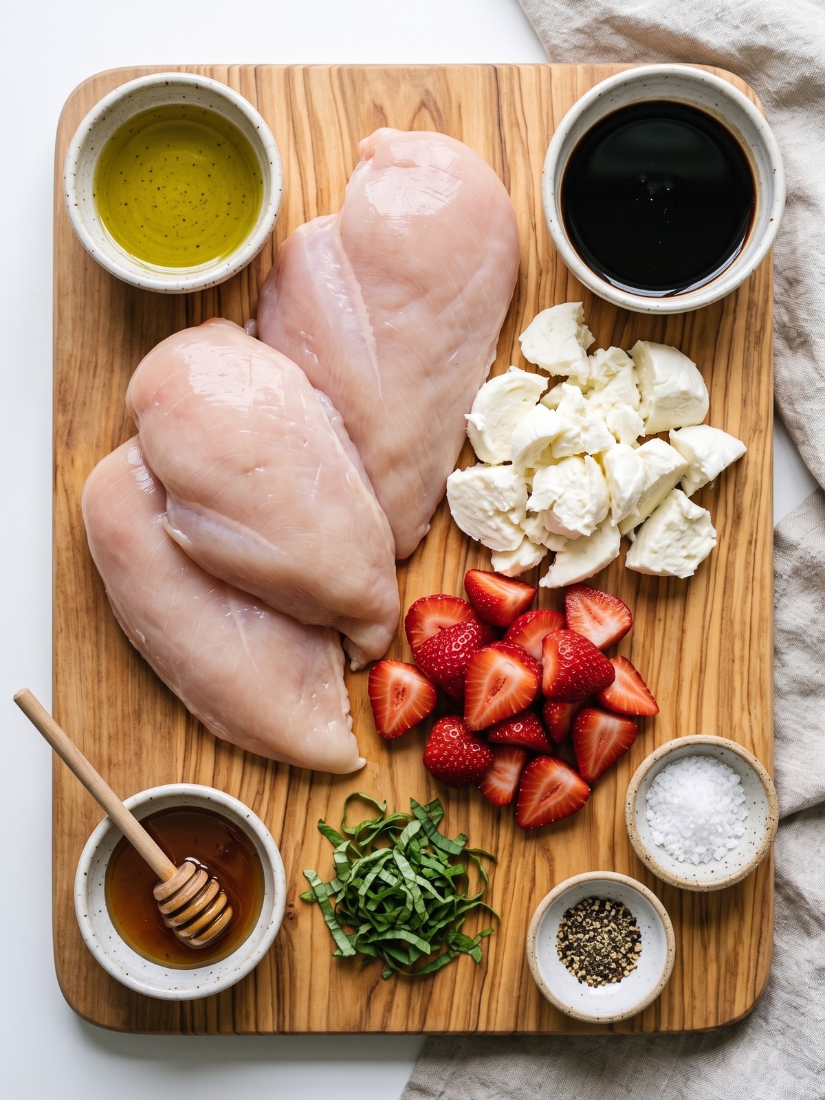 Strawberry Basil Chicken ingredients with sliced berries, basil, mozzarella, and seasoned chicken breasts