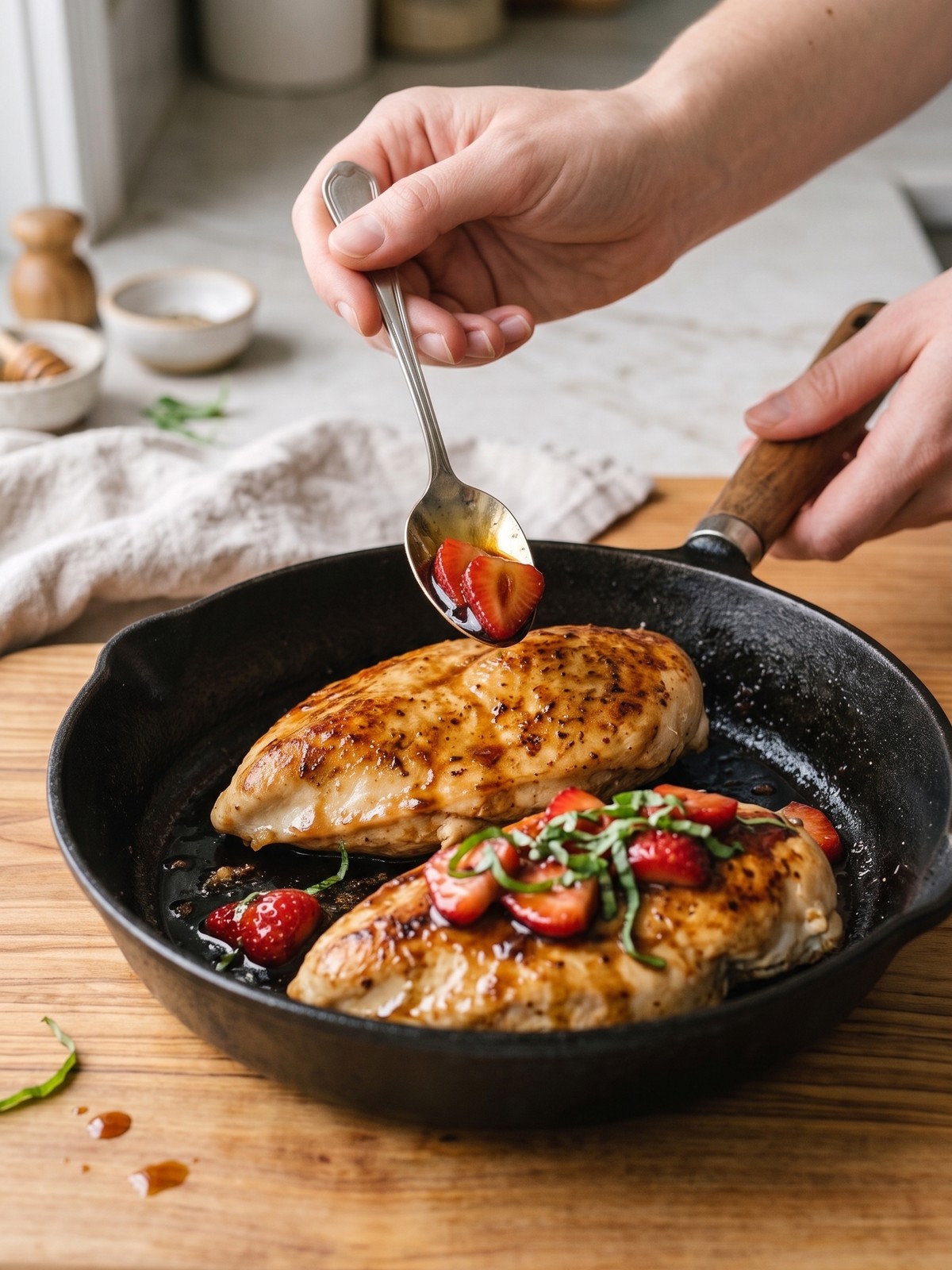 Golden chicken breasts topped with melted mozzarella before adding strawberries, basil, and balsamic glaze