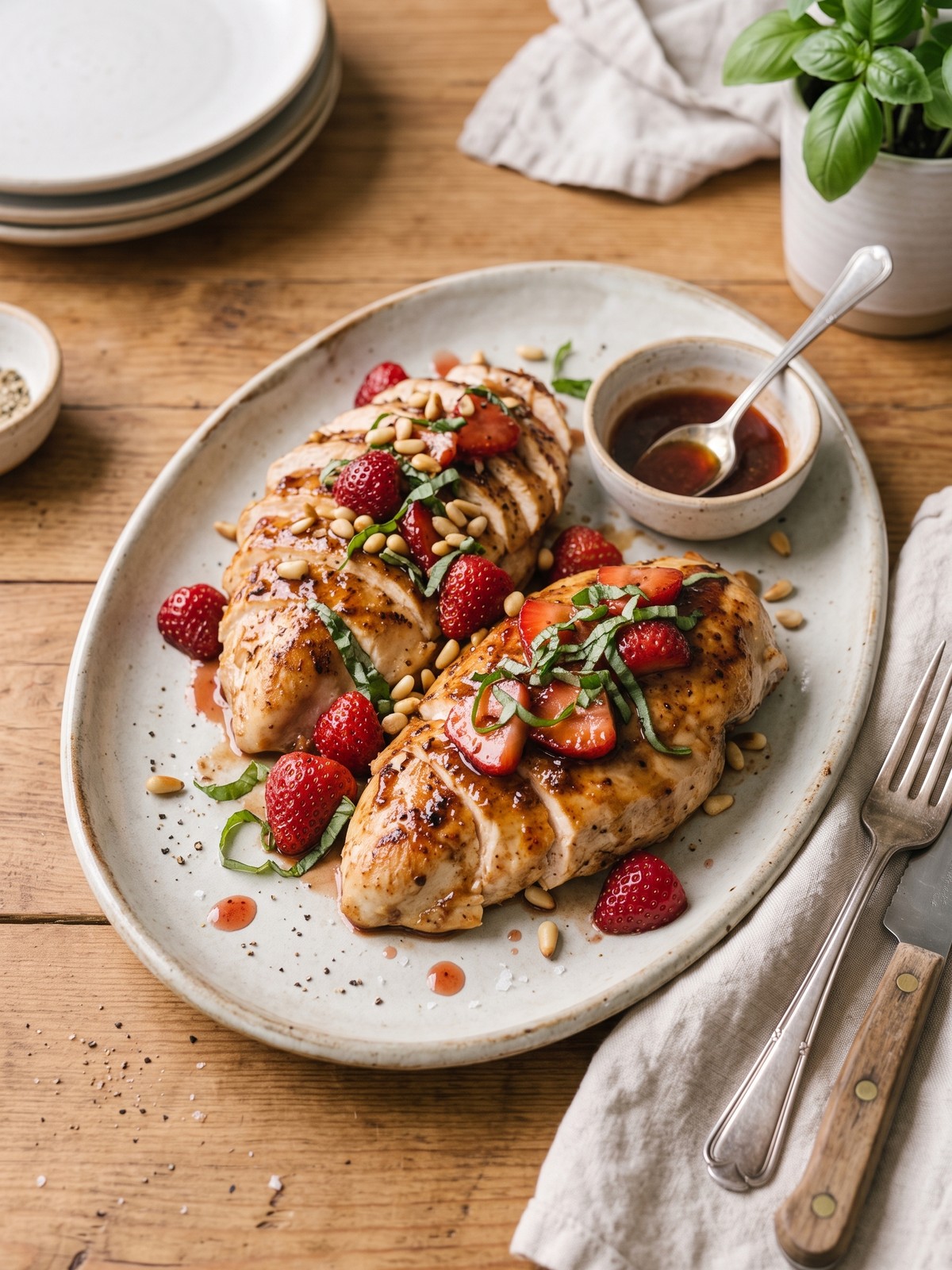 Strawberry Basil Chicken plated with balsamic glaze, fresh basil ribbons, and summer side dishes