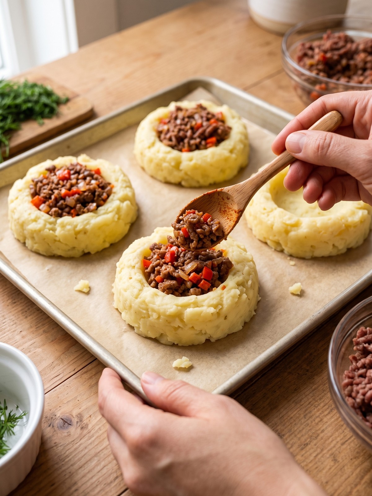 Close-up of Stuffed Mashed Potato Nests showing golden potato edges and beef filling