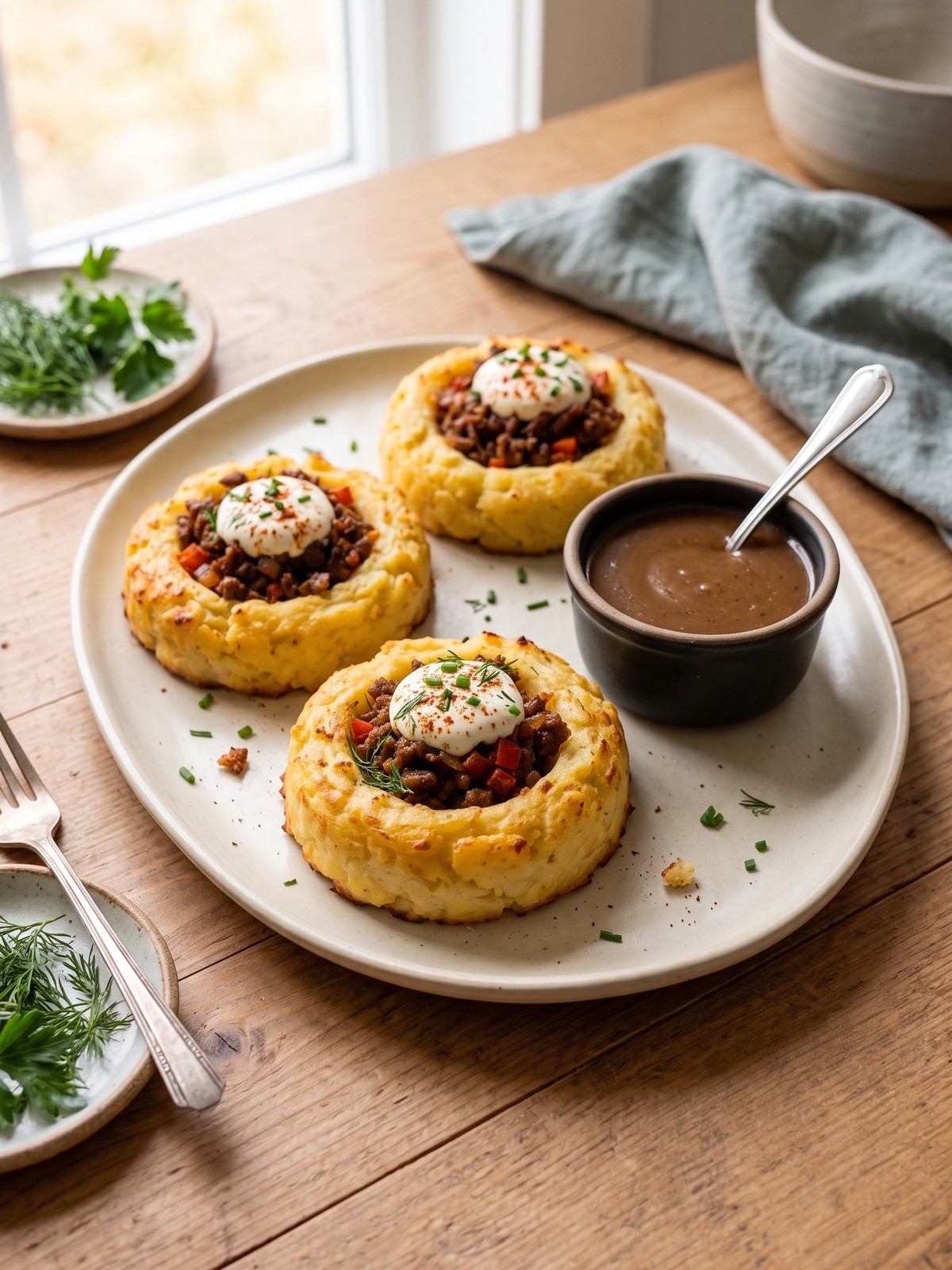 Stuffed Mashed Potato Nests on a wooden board with dipping sauce