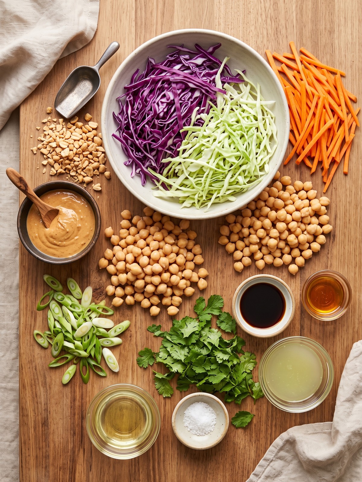 Thai Chickpea Salad ingredients with shredded cabbage, carrots, chickpeas, and peanut dressing