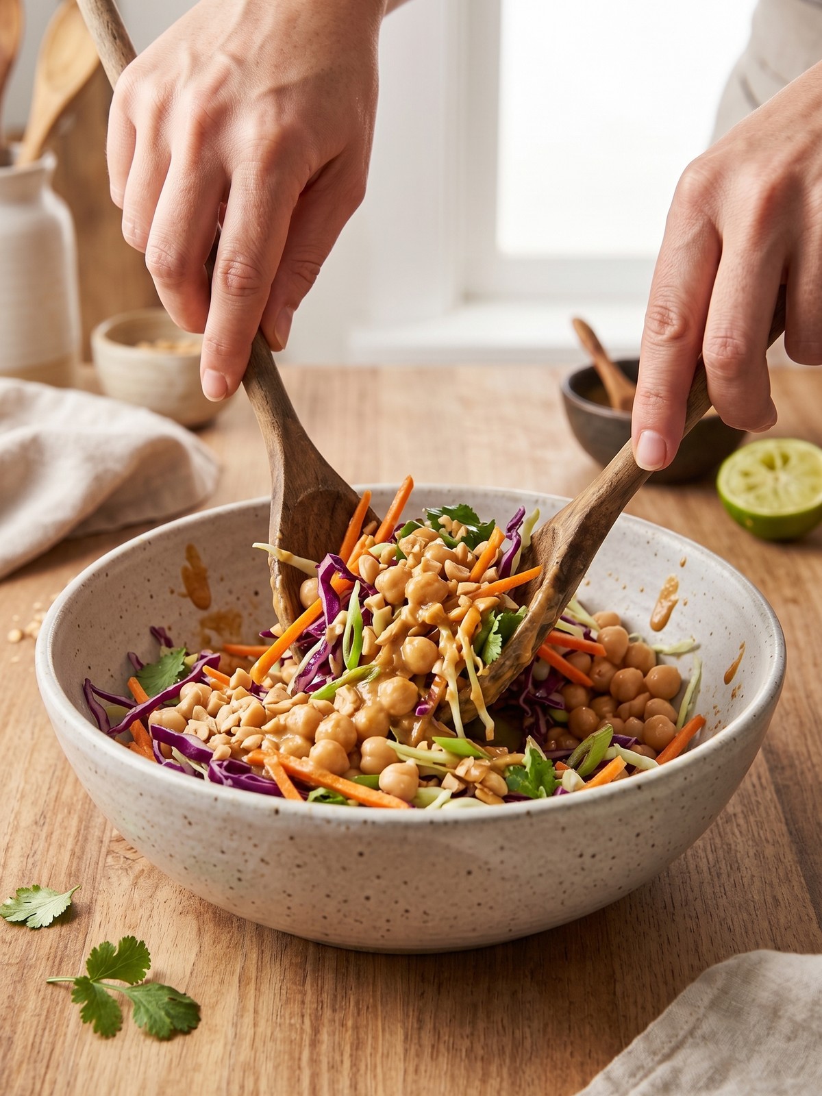 Thai Chickpea Salad being tossed with creamy peanut-lime dressing and roasted chickpeas