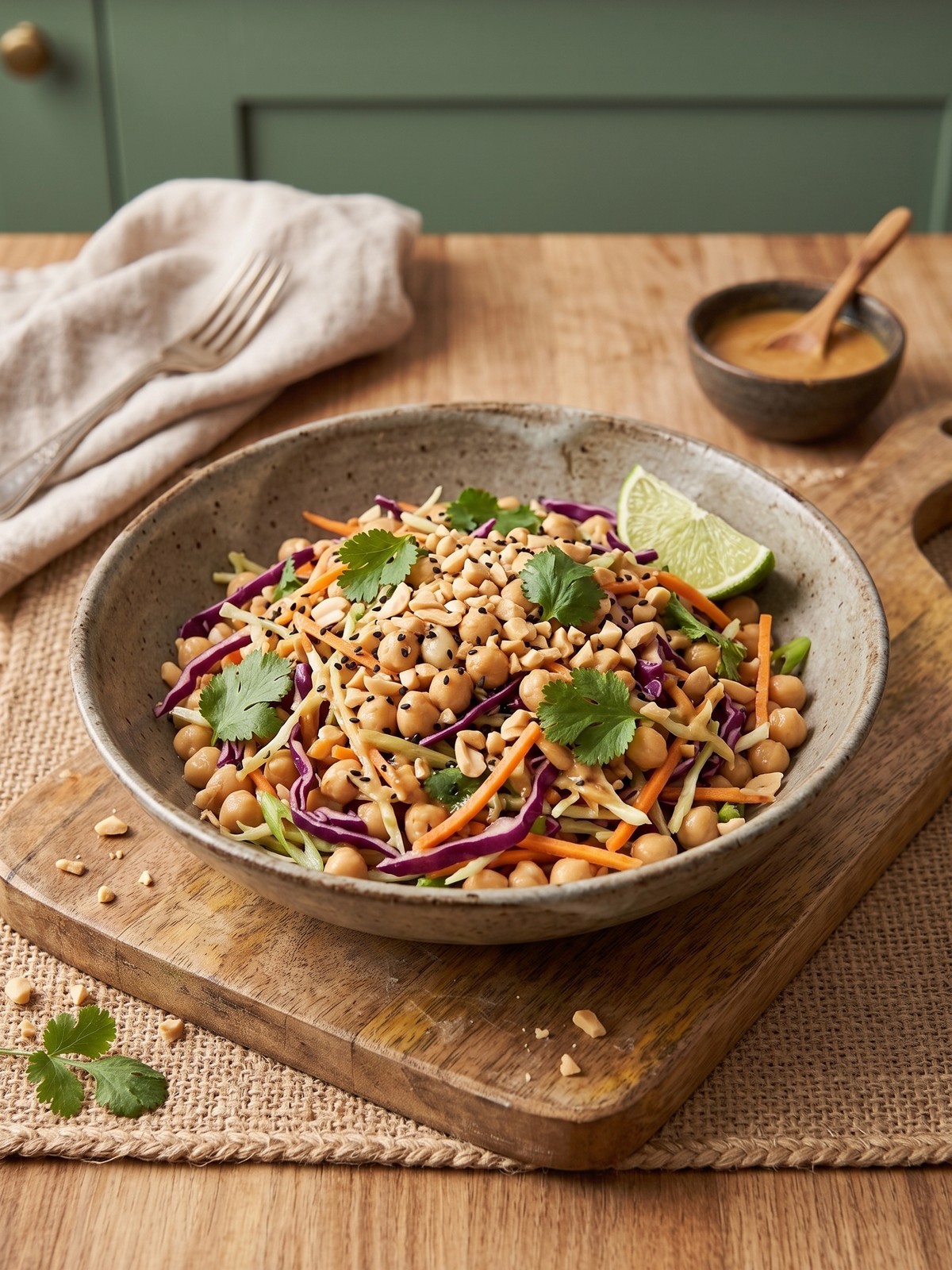 Thai Chickpea Salad served with cilantro, crushed peanuts, and lime wedges