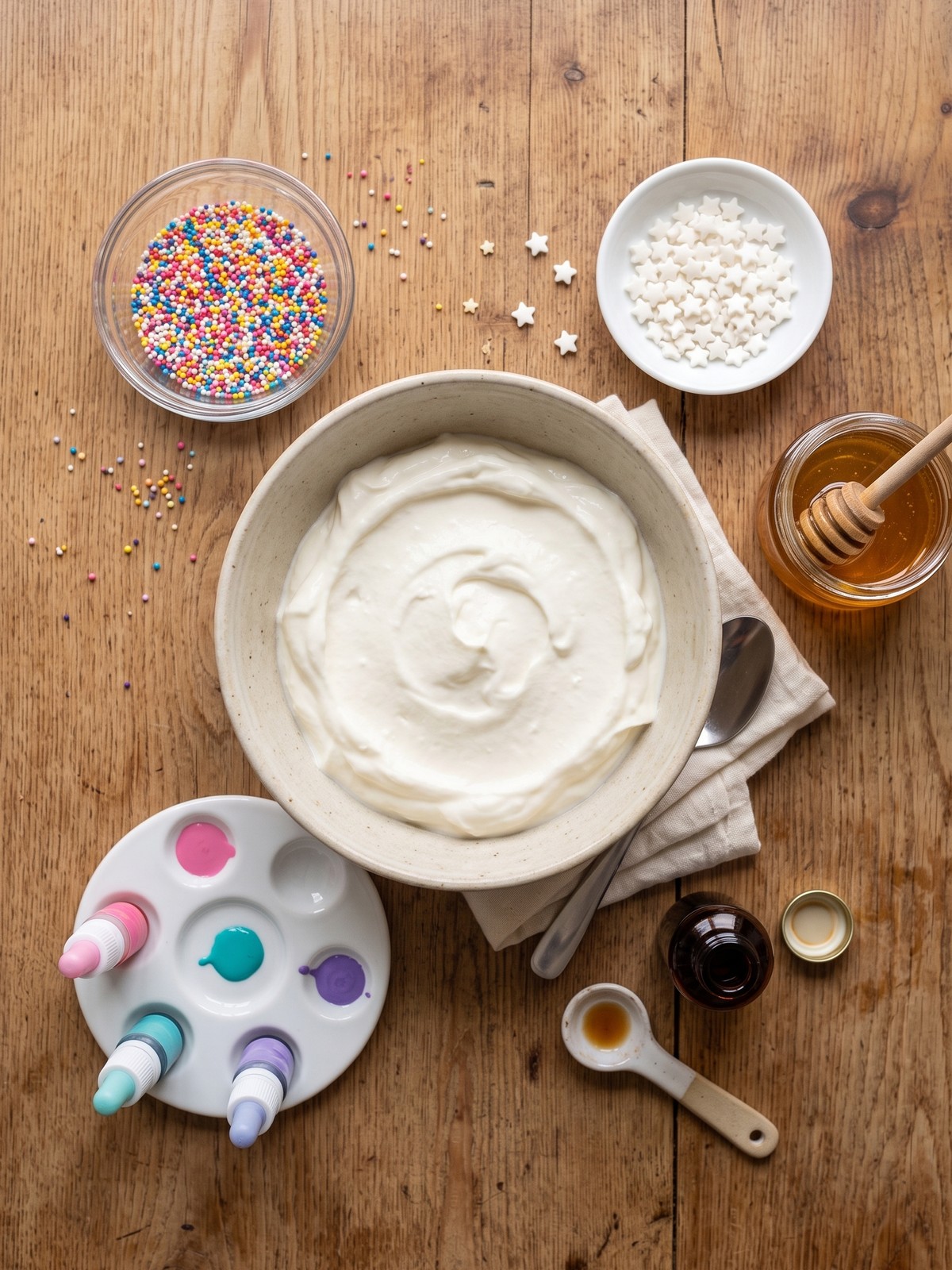 Unicorn Yogurt Bark with pink, turquoise, and purple swirls on a baking sheet topped with rainbow sprinkles