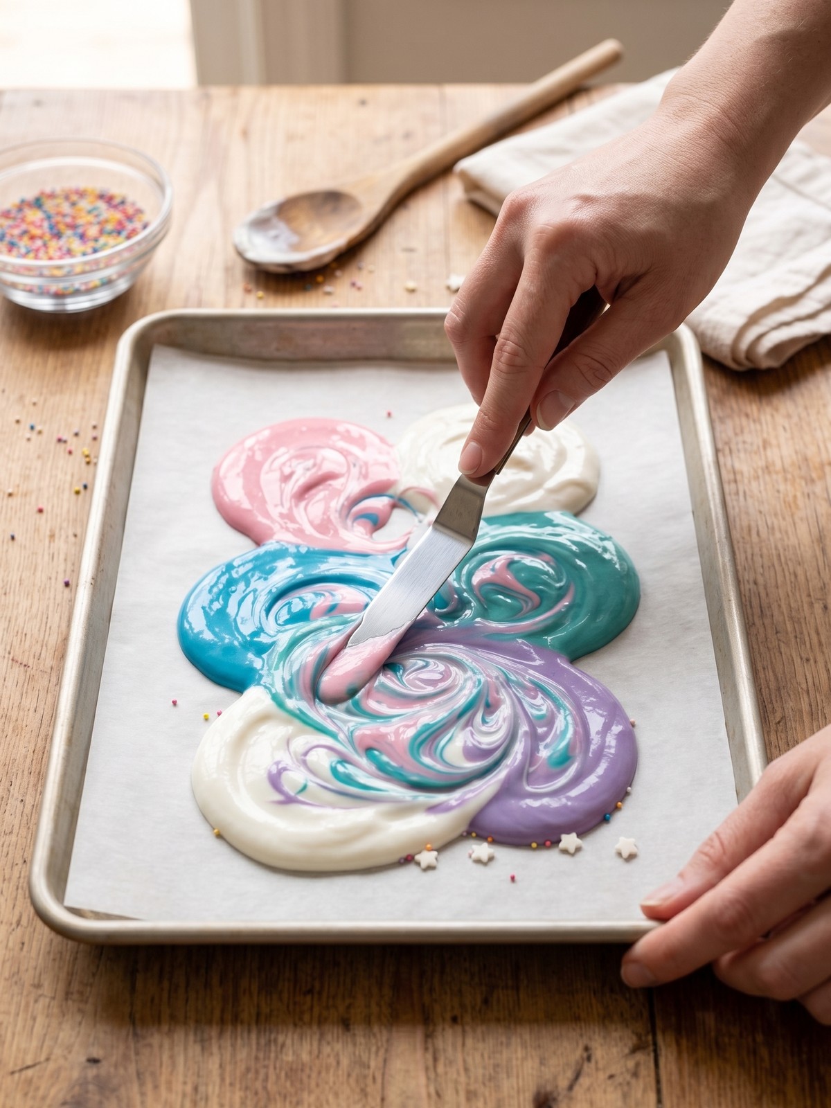 Close-up of Unicorn Yogurt Bark pieces with colorful swirls and sprinkles on a white plate
