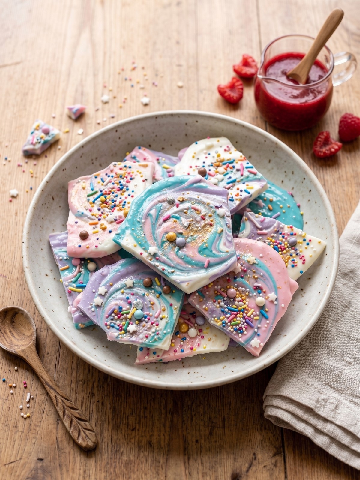 Unicorn Yogurt Bark pieces on a wooden board with a glass of milk in the background